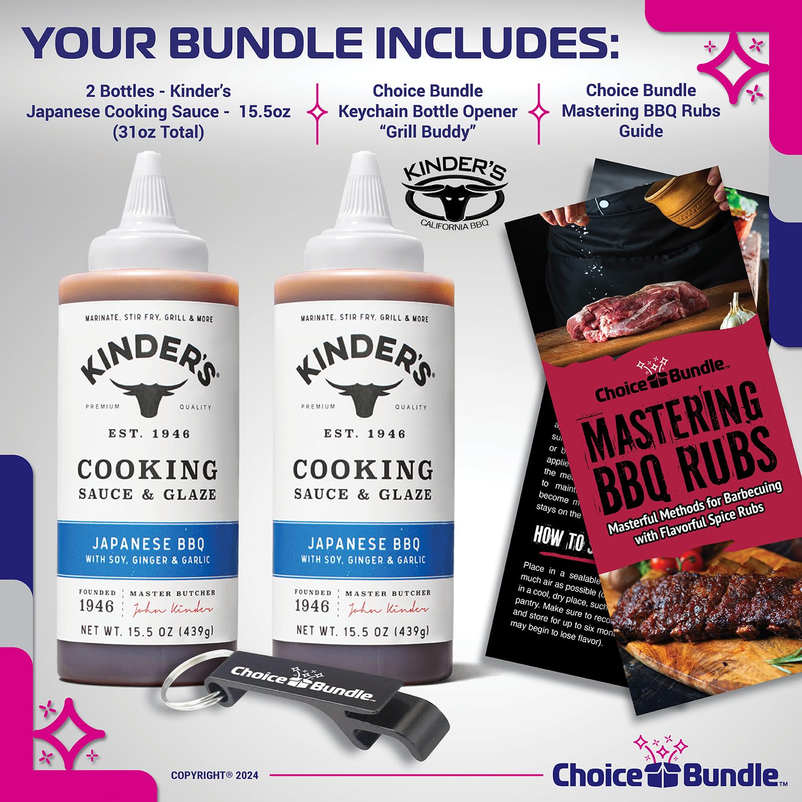 Kinder’s Japanese BBQ Cooking Sauce & Glaze 2 Pk (31 oz) - with Soy, Ginger & Garlic to Marinate, Stir-Fry Grill + Barbecue Guide & Bottle Opener (4