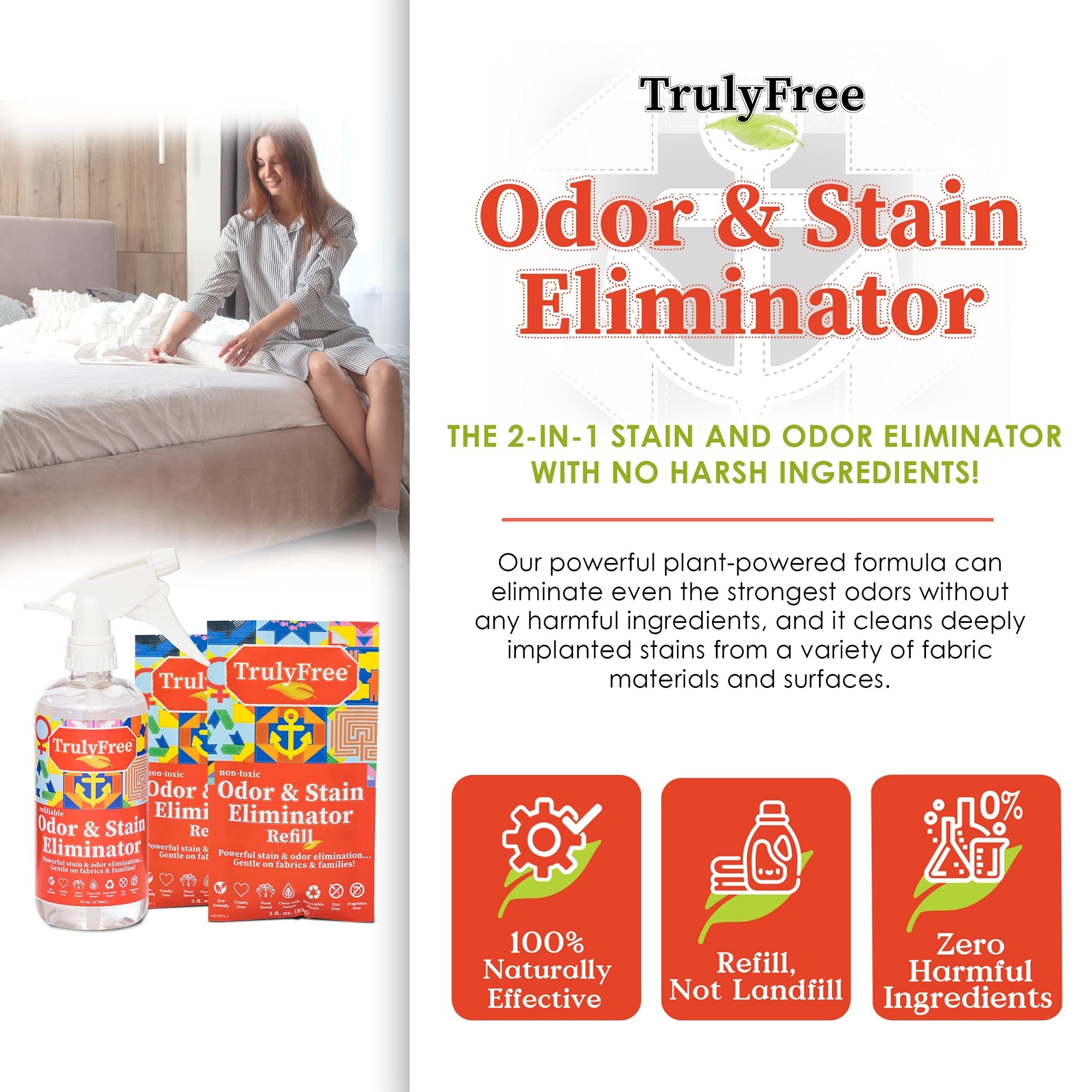 Truly Free Multi-Purpose Odor & Stain Eliminator, Pet Odor Eliminator for Home & Stain Remover for Carpet, Couch, Rugs & More, Upholstery Deodorizer