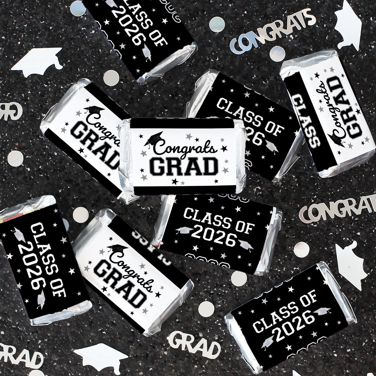 Black White Class of 2026 Graduation Mini Candy Bar Wrappers, 42 Count