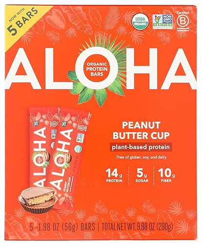 ALOHA Organic Plant Based Protein Bars, Peanut Butter Cup , 1.98-Ounce Bars, (Pack of 5)