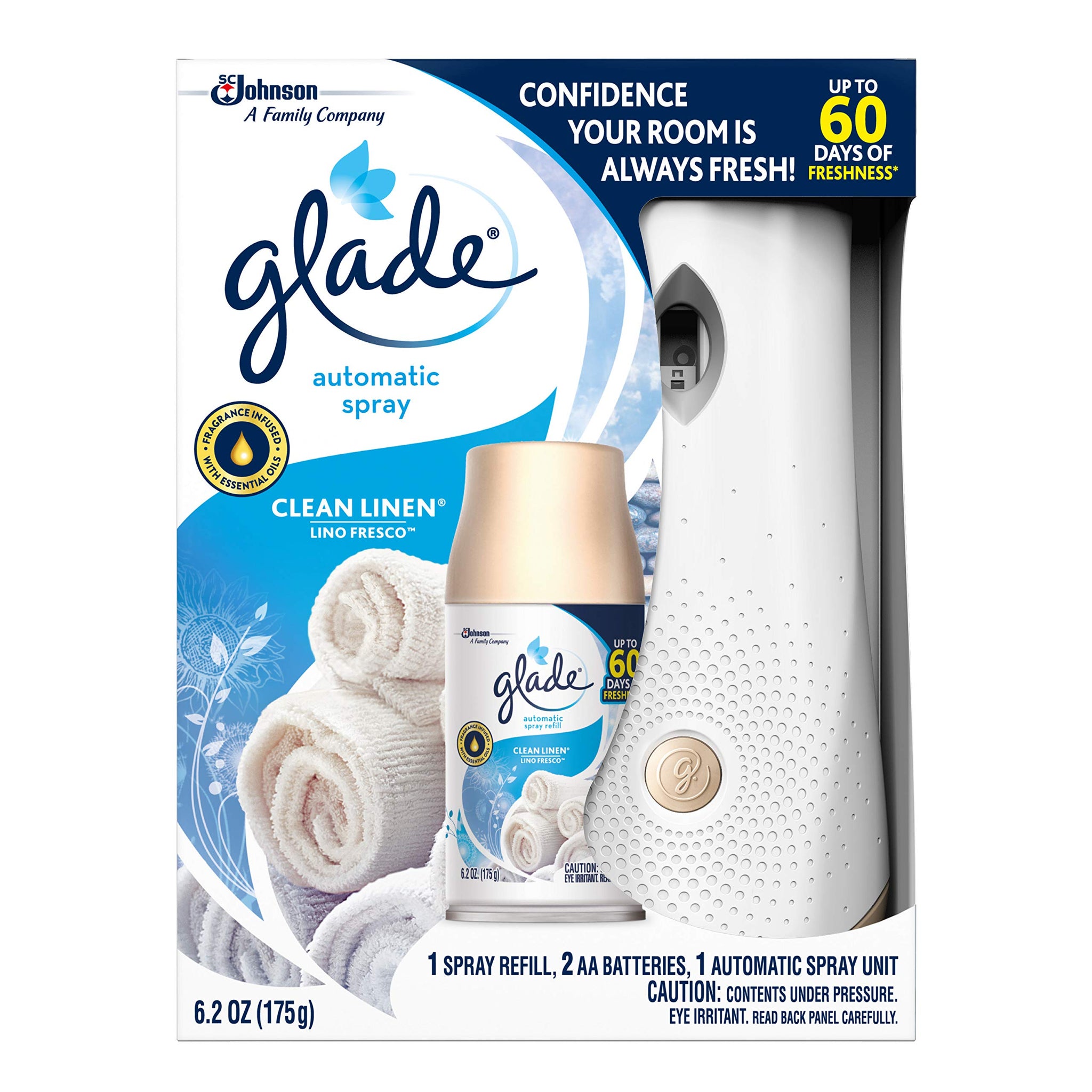 Pack of 4 - Glade Automatic Spray Air Freshener Starter Kit, Clean Linen, 6.2 Fluid oz, Blue