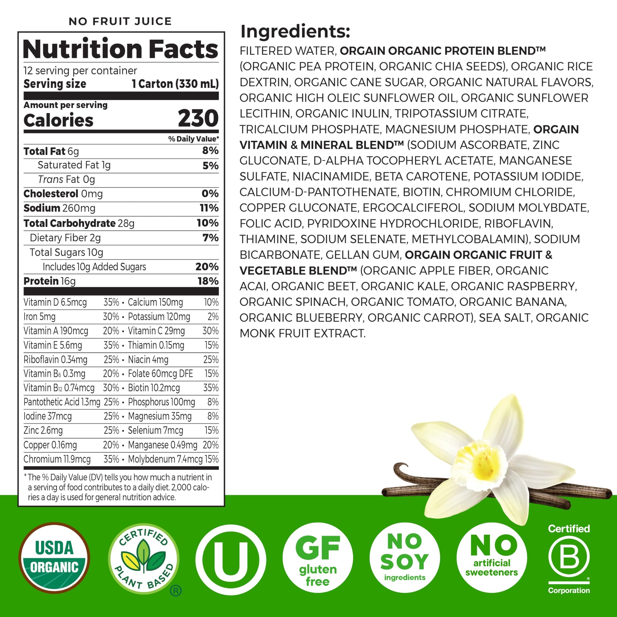 Orgain Organic Nutritional Vegan Protein Shake, Vanilla Bean - 16g Plant Based Protein, Meal Replacement, 21 Vitamins & Minerals, Fruits & Vegetables