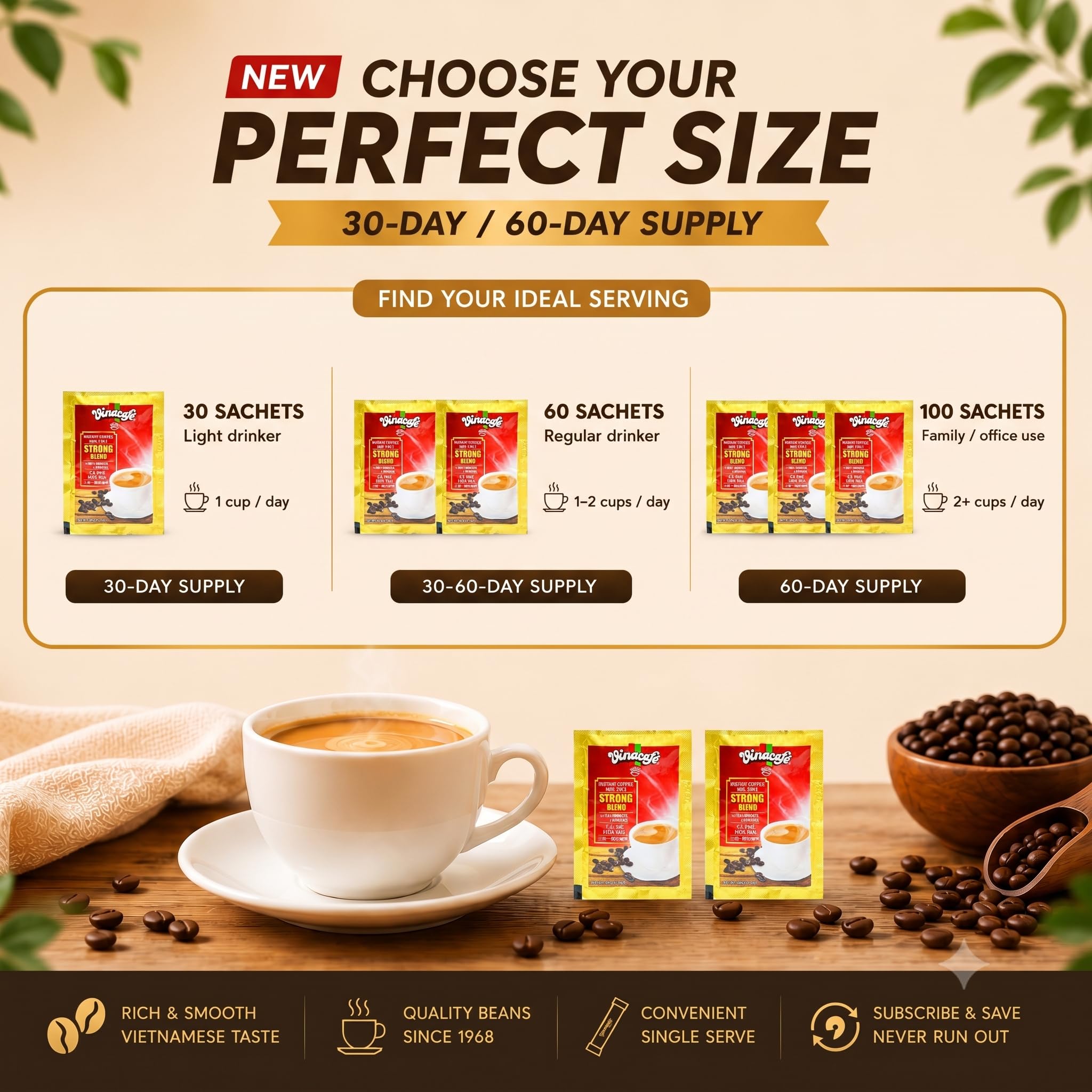 Vinacafe 40 cts 3 in 1 Vietnamese Instant Coffee Gold Red Strong Rich Blend, 40 Sachets (2 Bags of 20 Sachets)
