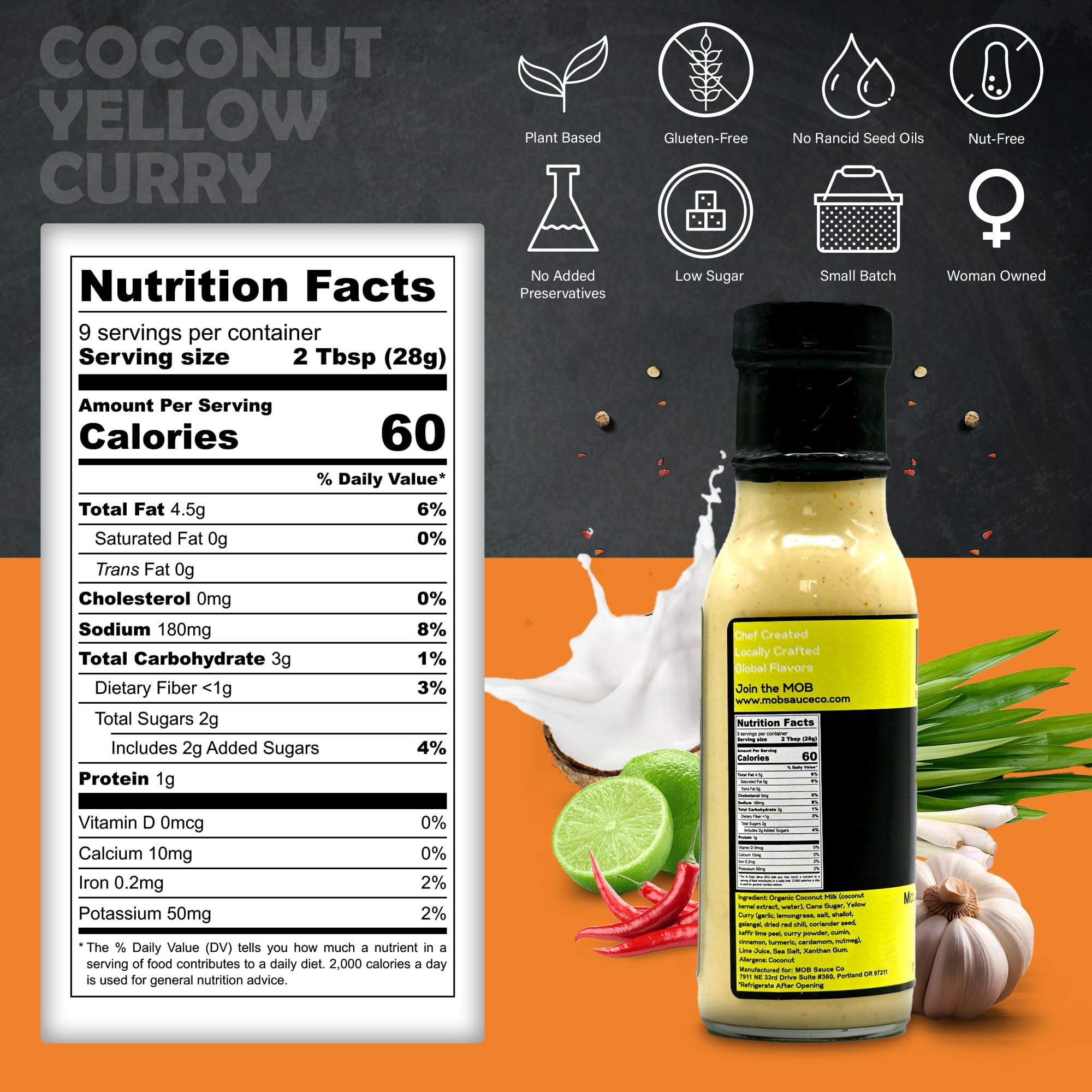 MOB Sauce Coconut Yellow Curry - Award Winning Thai-Inspired Grilling, Stir-Frying & Bowl Sauce that’s Vegan, Gluten-Free, Keto-Friendly with Natural