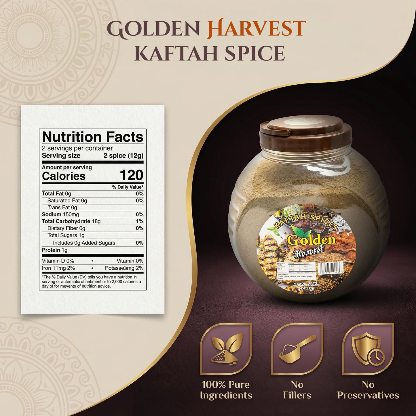 Golden Harvest Kaftah Spices - 6-in-1 Blend of Garlic, Onion, Cumin, Ginger, Curry, Coriander Powder, Non-GMO Kabsa Spice - Middle Eastern Chicken
