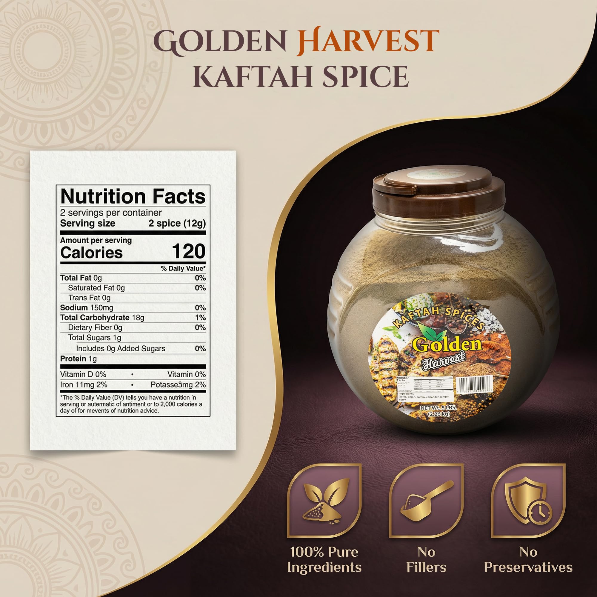 Golden Harvest Kaftah Spices - 6-in-1 Blend of Garlic, Onion, Cumin, Ginger, Curry, Coriander Powder, Non-GMO Kabsa Spice - Middle Eastern Chicken