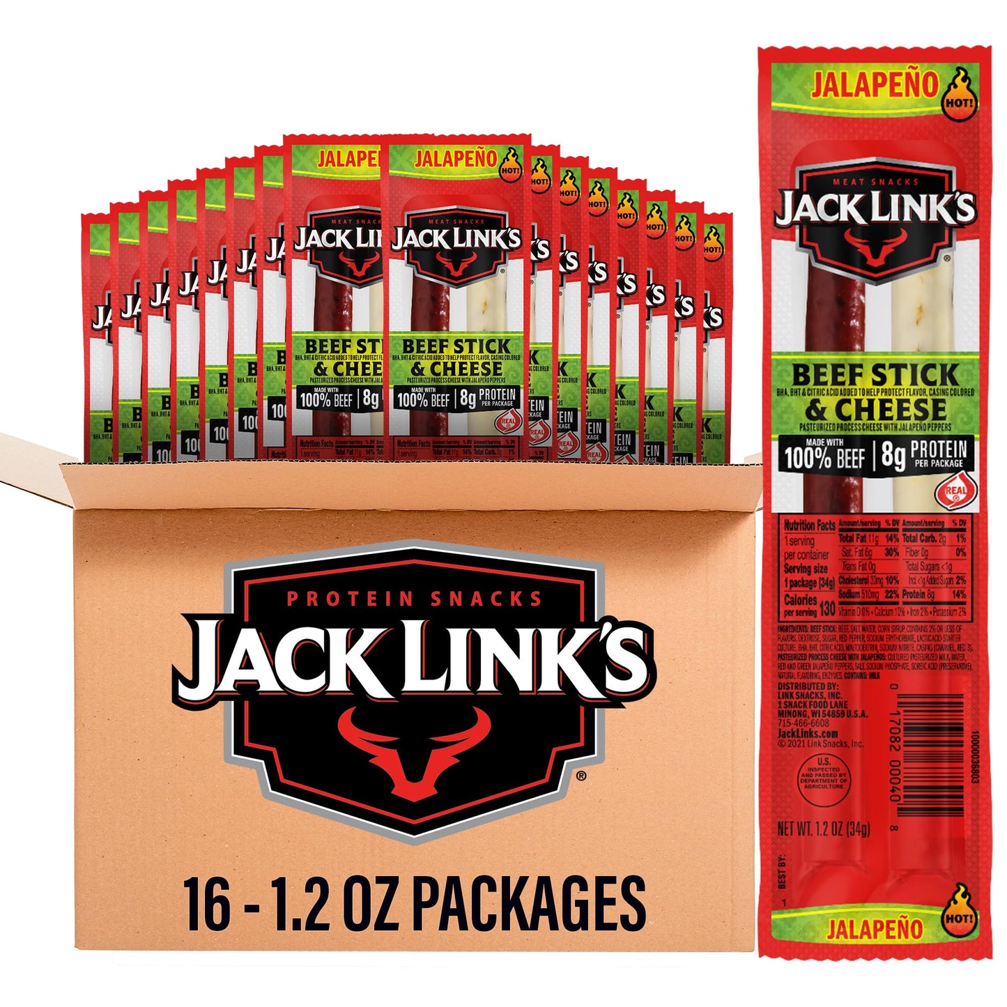 Jack Link's Jalapeno Beef Jerky Sticks and Cheese Sticks Combo - (16 Pack) 1.2 oz Snack Packs - Ready to Eat Protein Snacks - 8g Protein per Serving