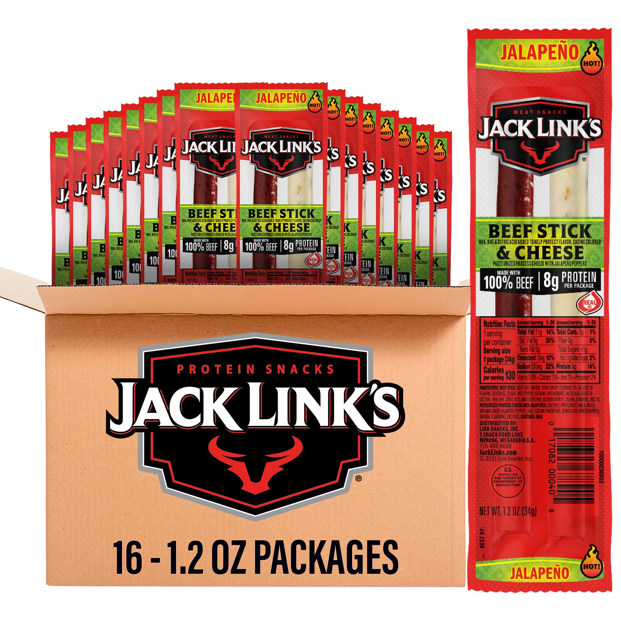 Jack Link's Jalapeno Beef Jerky Sticks and Cheese Sticks Combo - (16 Pack) 1.2 oz Snack Packs - Ready to Eat Protein Snacks - 8g Protein per Serving
