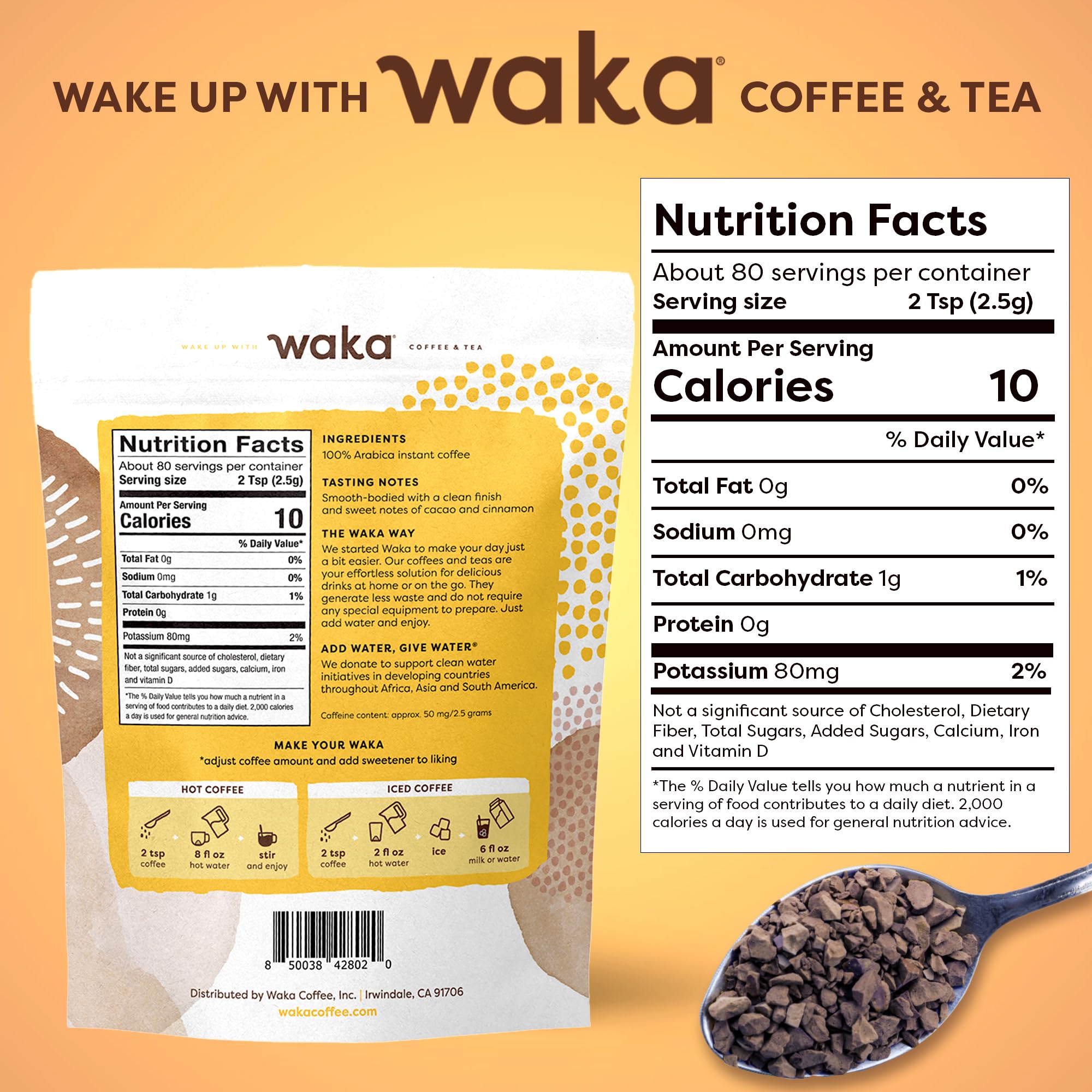 Waka Premium Instant Coffee Pouches - 100% Arabica Freeze Dried Beans - For Hot or Iced Coffee (8 Ounces, House Roast)