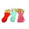 Home & Style 3 Pair Decorative Boutique Latex Cleaning Dishwashing Gloves With Fancy Cuff with Flock Lining