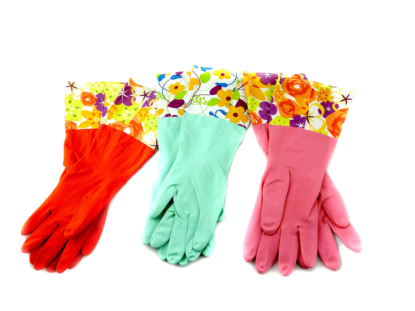 Home & Style 3 Pair Decorative Boutique Latex Cleaning Dishwashing Gloves With Fancy Cuff with Flock Lining