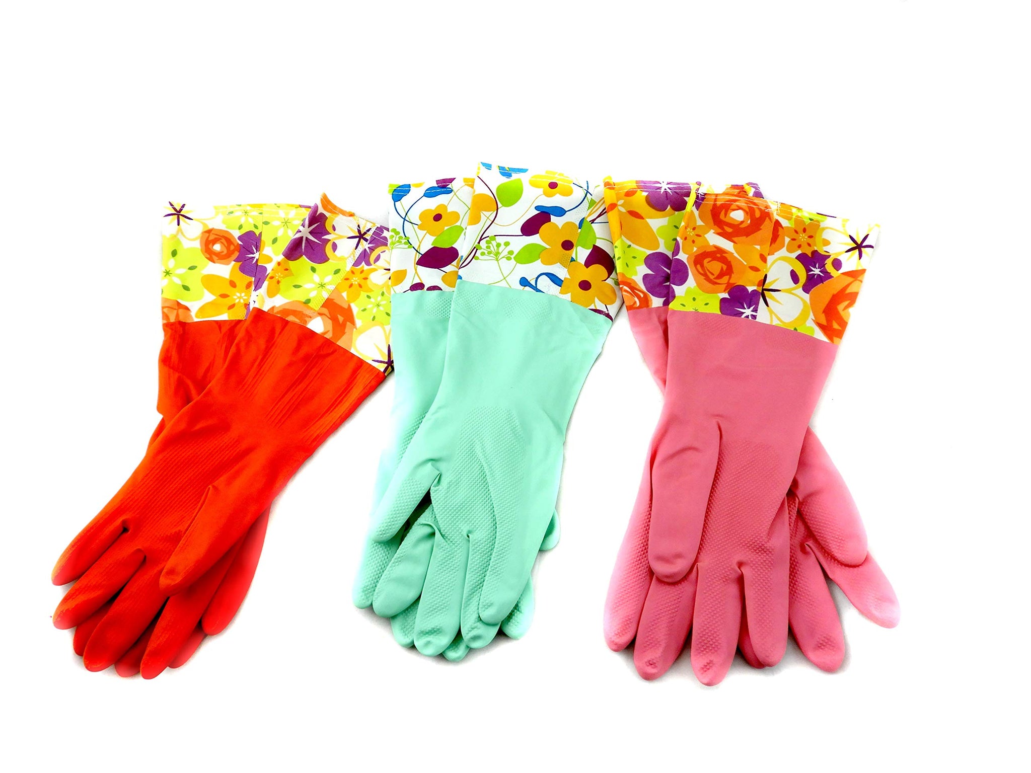Home & Style 3 Pair Decorative Boutique Latex Cleaning Dishwashing Gloves With Fancy Cuff with Flock Lining
