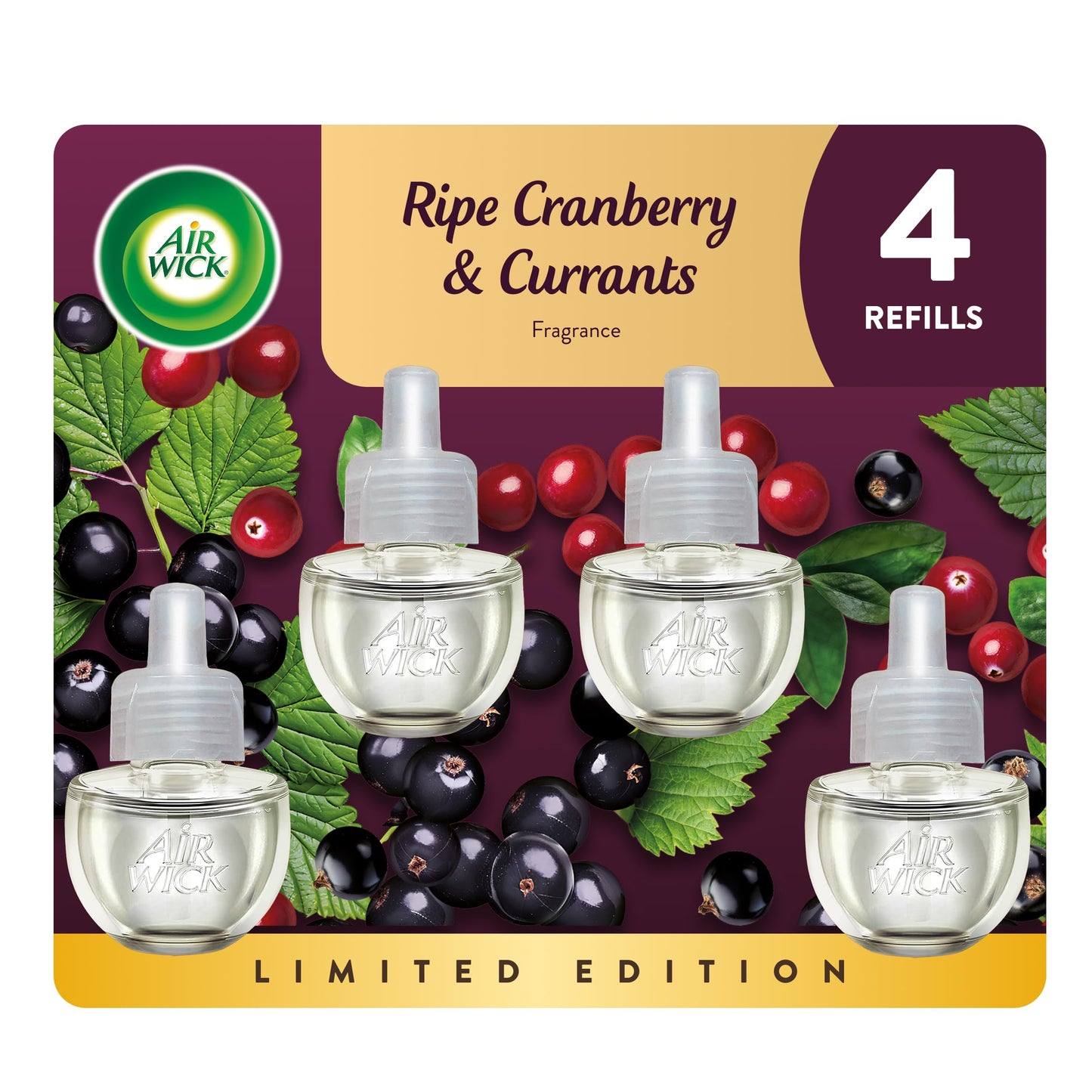 Air Wick Plug In Scented Oil Refill, Infused with Essential Oils, Plug In Air Fresheners for Home, Ripe Cranberry & Currants, 4 ct