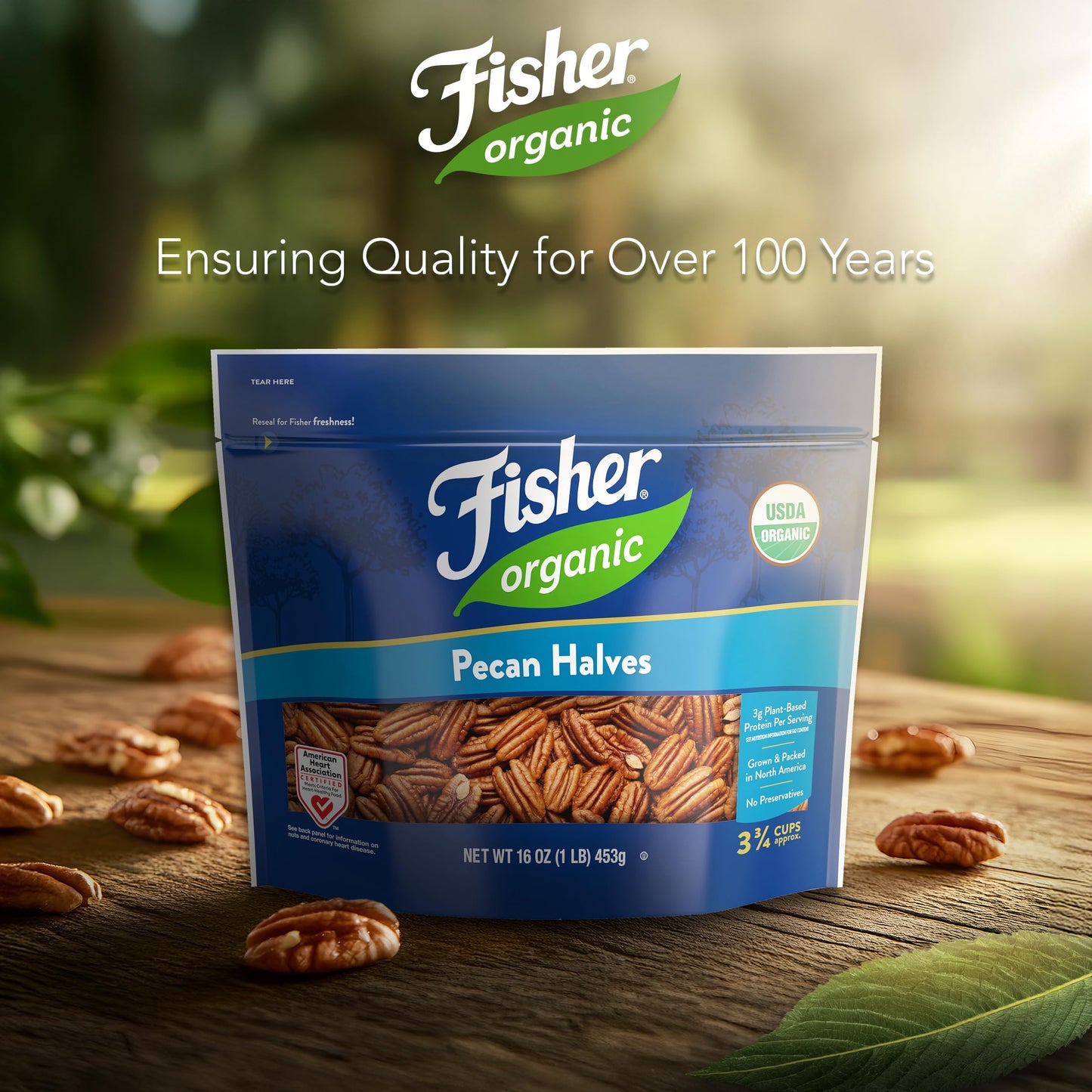 Fisher Organic Pecans Halves 16 oz, USDA Certified Organic, Unsalted Raw Pecans, North American Grown, Non-GMO, No Preservatives, Keto & Paleo