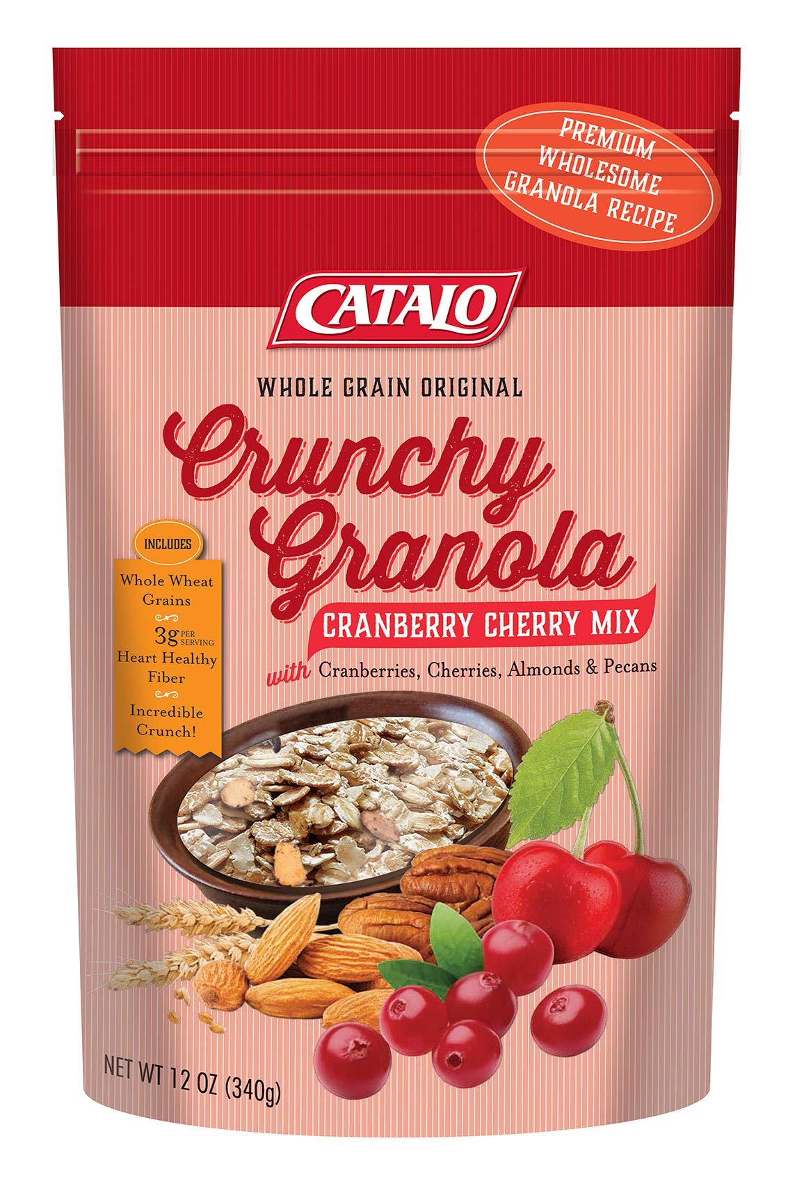 CATALO - Whole Grain Original Crunchy Granola Cranberry Cherry Nuts Mix with Cranberries, Cherries, Almonds. and Pecans, 3g of dietary fiber per