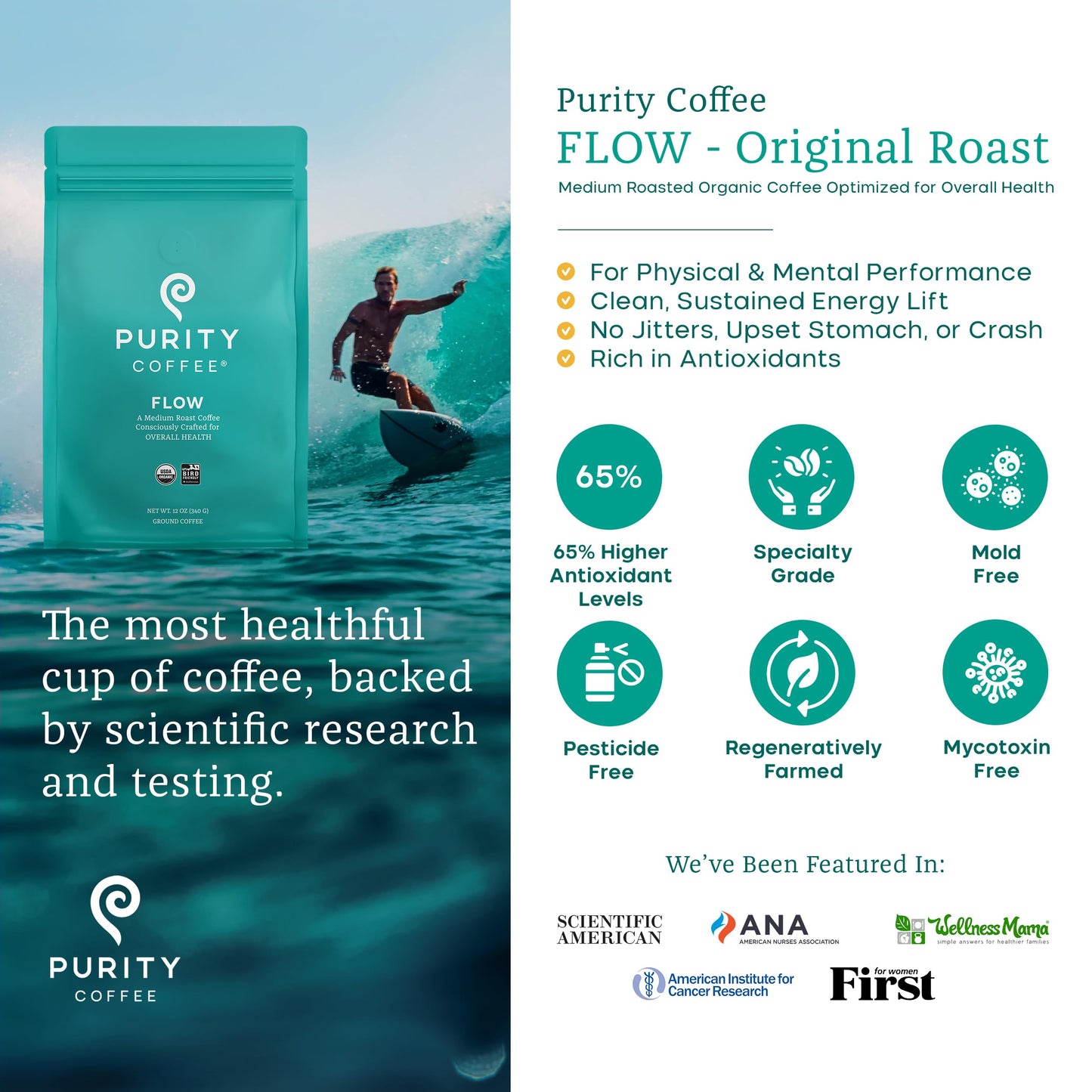 Purity Coffee FLOW Original Medium Roast Ground (12oz Bag) | Specialty-Grade USDA Organic Arabica Blend | Third Party Tested for Mold, Mycotoxins