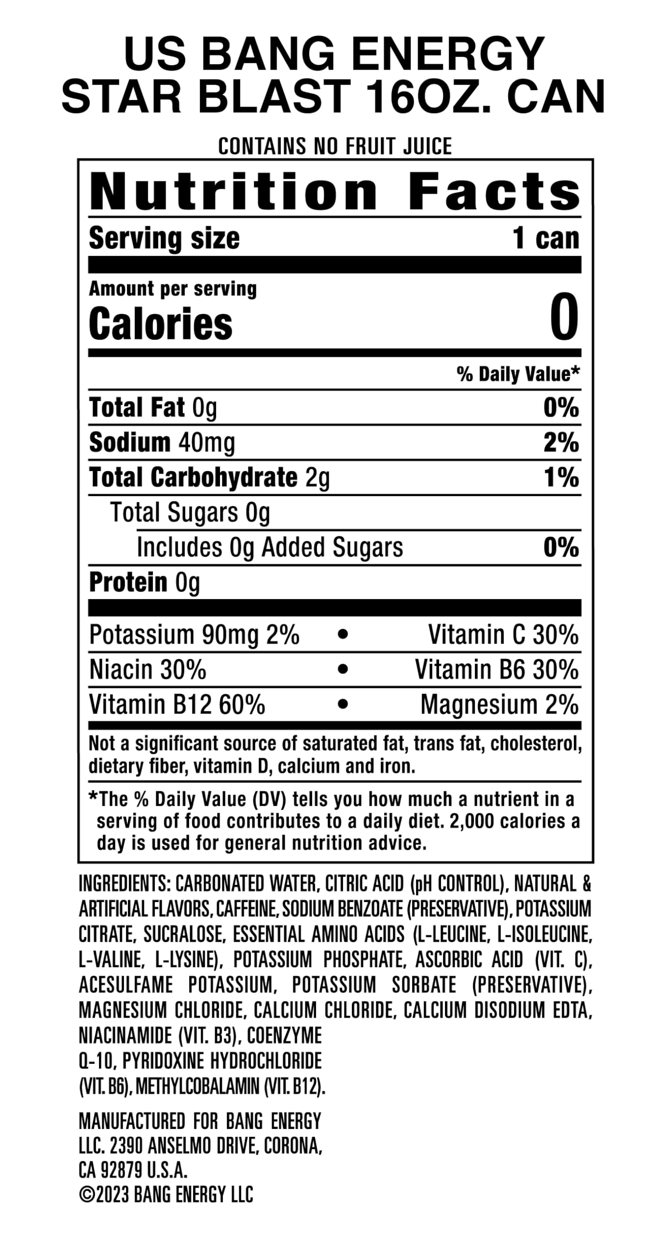Bang Energy Star Blast, Sugar-Free Energy Drink, 16 Ounce