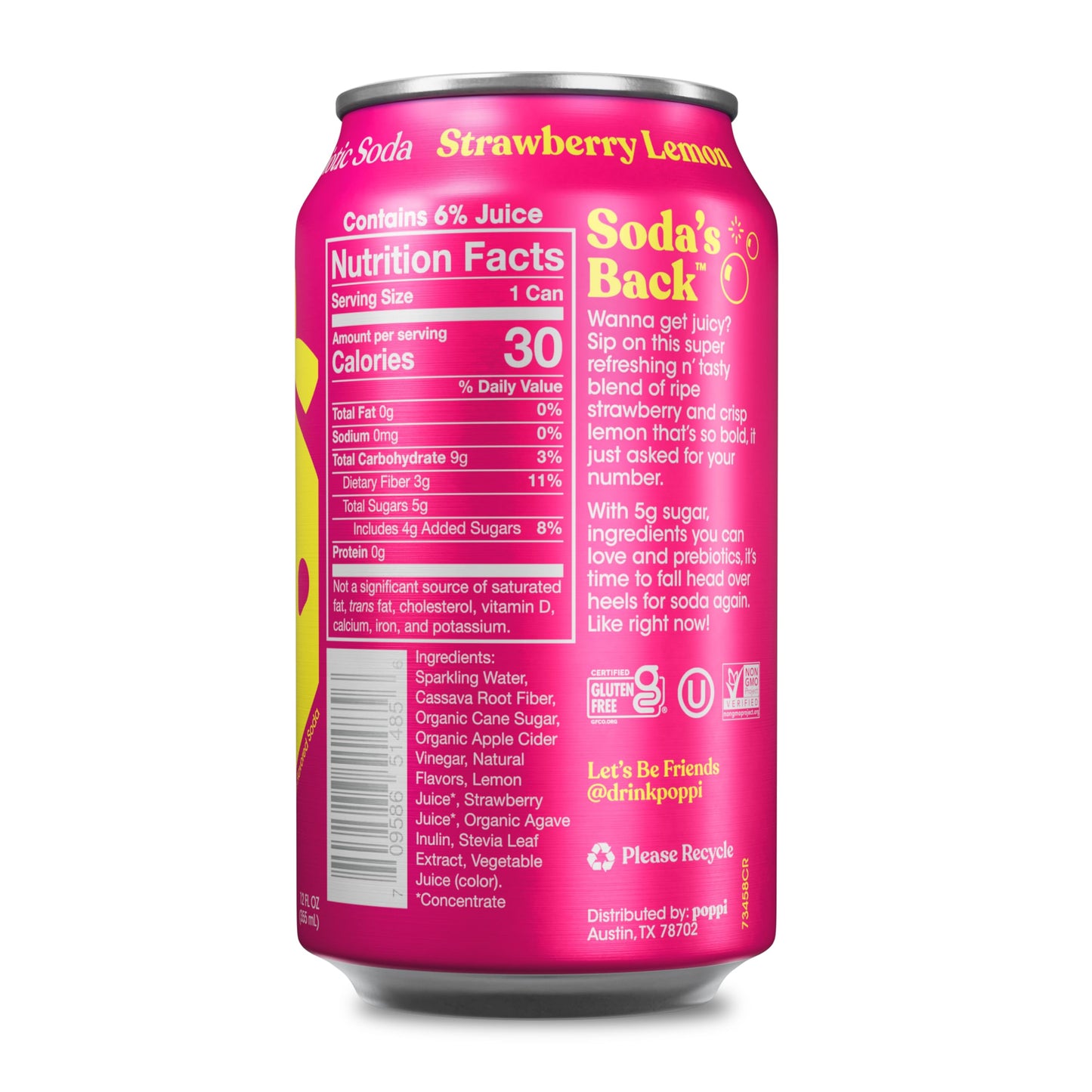Poppi Sparkling Prebiotic Soda Beverage with Apple Cider Vinegar, Seltzer Water and Fruit Juice, Strawberry Lemon Flavor, 12 Fl Oz, 1 Count, Packaging