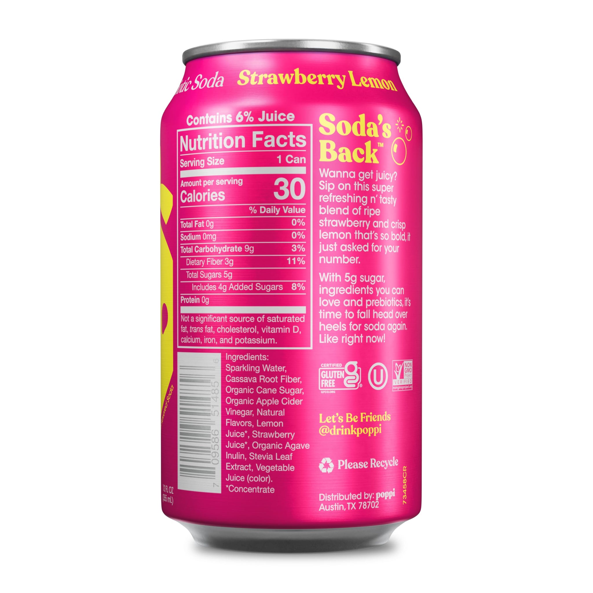 Poppi Sparkling Prebiotic Soda Beverage with Apple Cider Vinegar, Seltzer Water and Fruit Juice, Strawberry Lemon Flavor, 12 Fl Oz, 1 Count, Packaging
