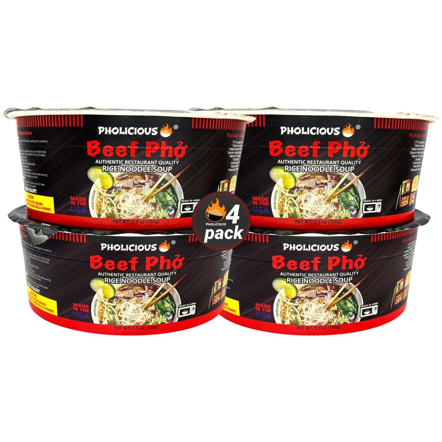 PhoLicious Instant Beef Pho, Authentic Vietnamese Rice Noodle Soup Kit with Spices & Broth Mix, Ramen Noodles Alternative, Quick Microwave Meal - Pho