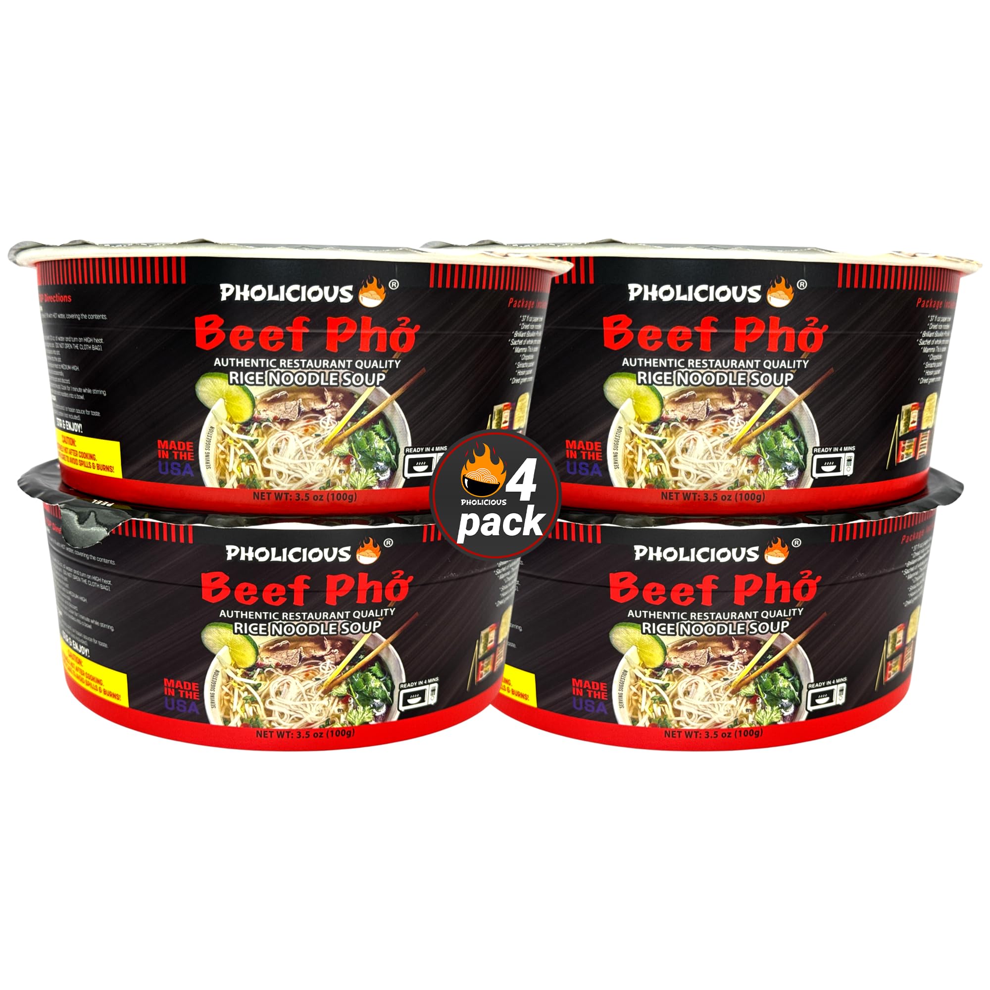 PhoLicious Instant Beef Pho, Authentic Vietnamese Rice Noodle Soup Kit with Spices & Broth Mix, Ramen Noodles Alternative, Quick Microwave Meal - Pho