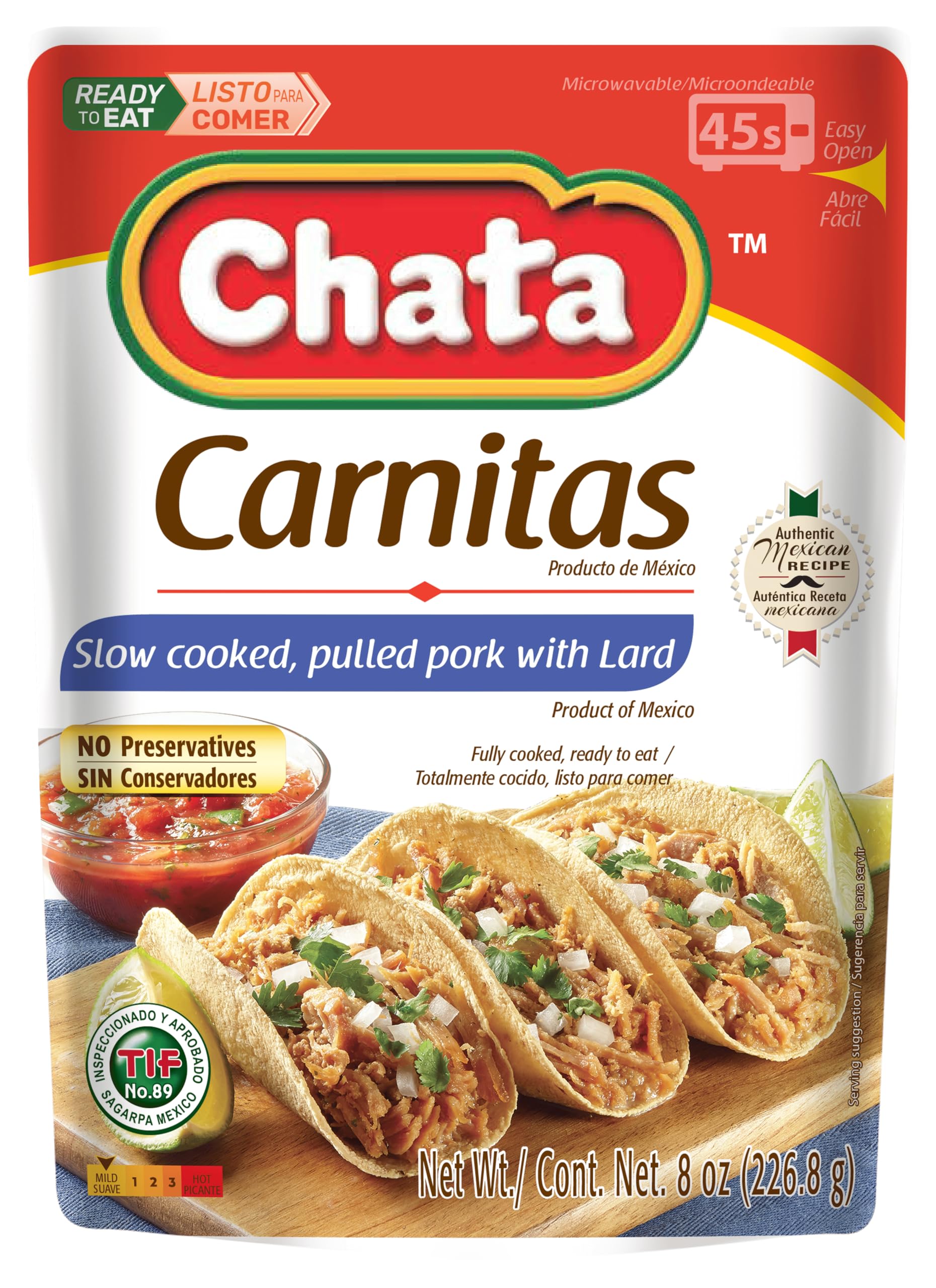 Chata Authentic Mexican Carnitas, Slow Cooked Pork, 8 oz, Pack of 2