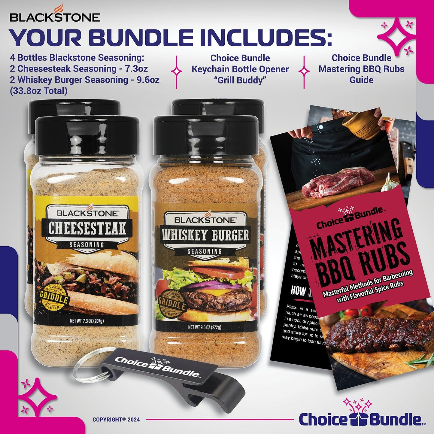 Blackstone Cheesesteak & Whiskey Burger Seasoning - Gourmet Griddle Premium BBQ Barbecue Rub 4 Pk Choice Bundle (33.8 oz) + BBQ Guide & Bottle Opener