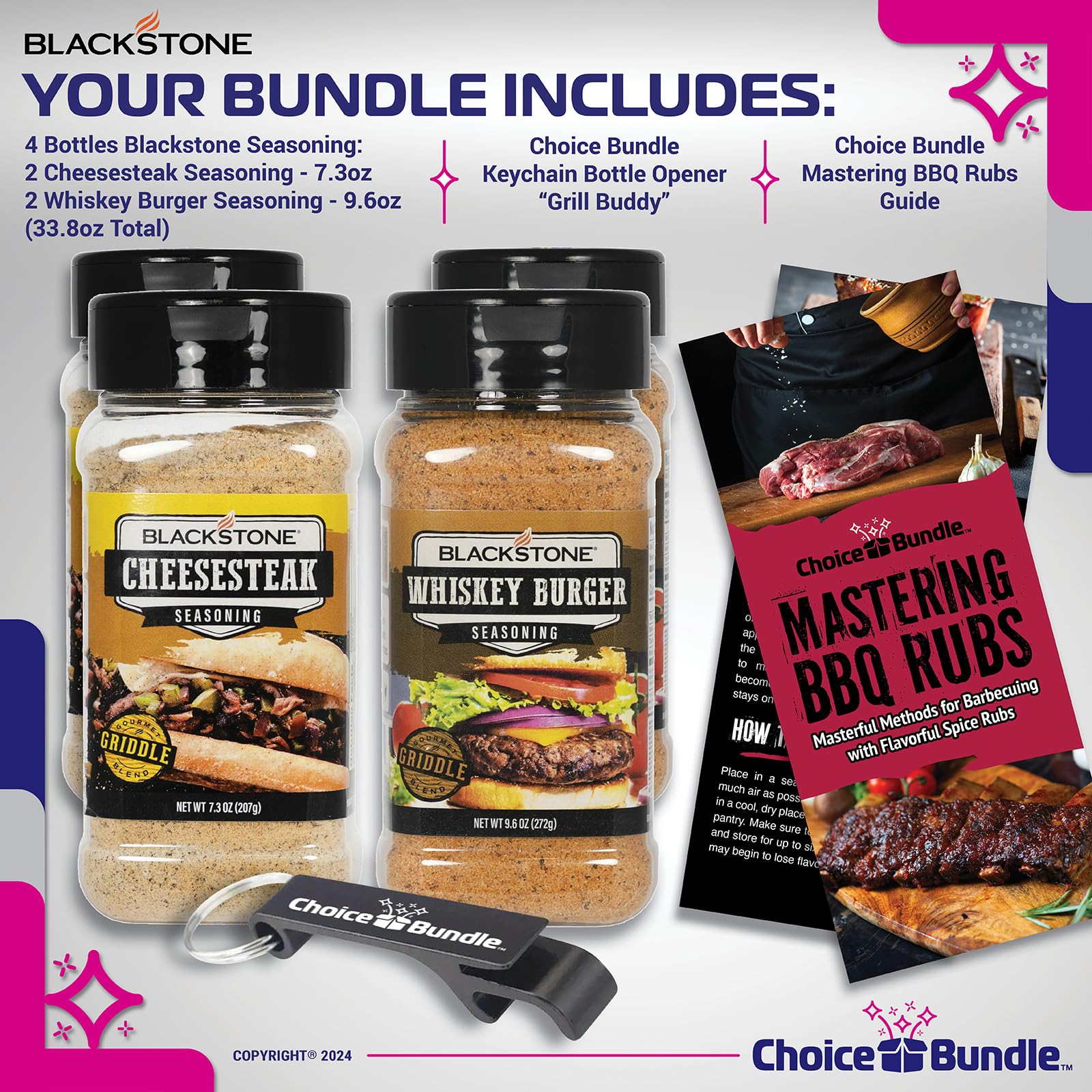 Blackstone Cheesesteak & Whiskey Burger Seasoning - Gourmet Griddle Premium BBQ Barbecue Rub 4 Pk Choice Bundle (33.8 oz) + BBQ Guide & Bottle Opener