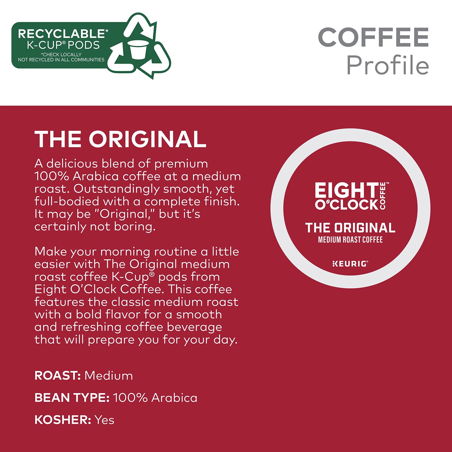 Eight O'Clock Coffee The Original, Single-Serve Keurig K-Cup Pods, Medium Roast Coffee, 24 Count