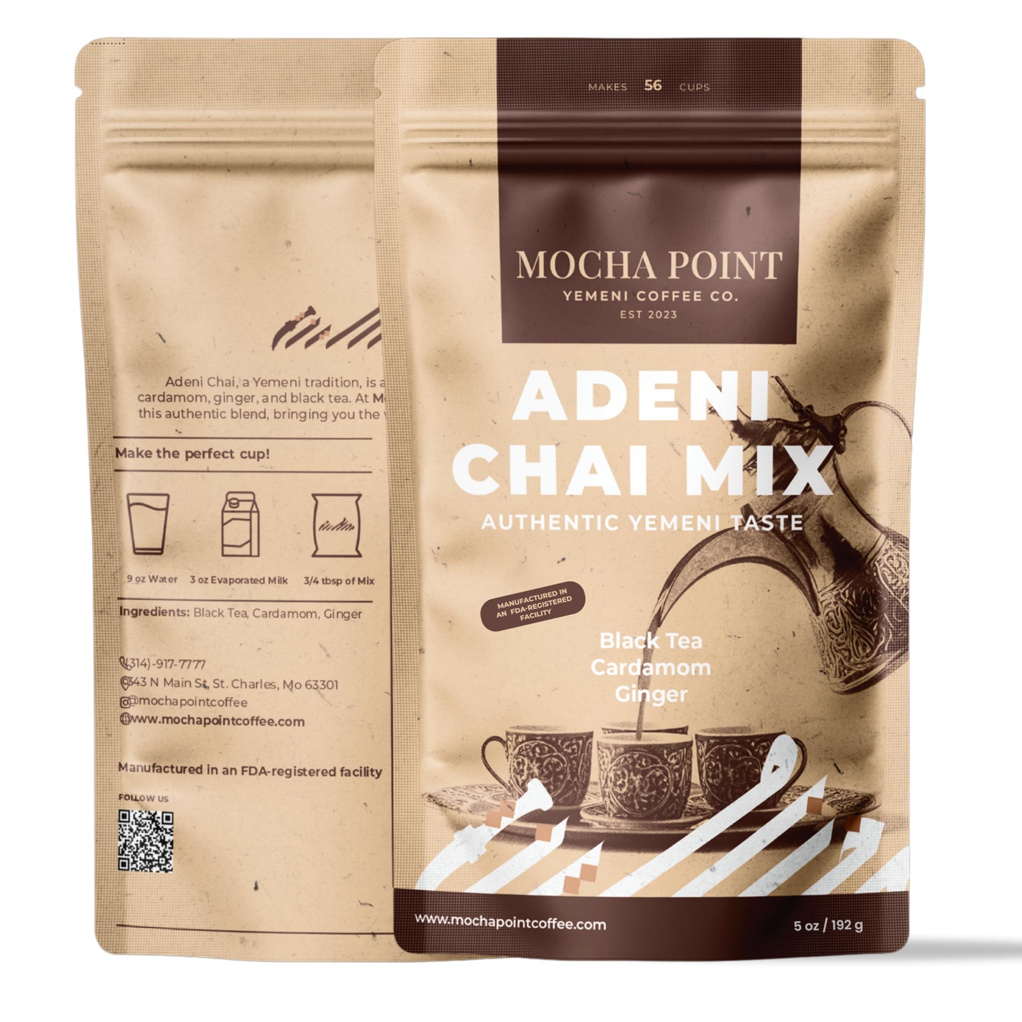 Mocha Point Adeni Chai Mix - Natural Black Tea with Ginger & Cardamom - Authentic Yemeni Taste Chai Tea Blend - Sugar-Free & Caffeinated - Enjoy Hot