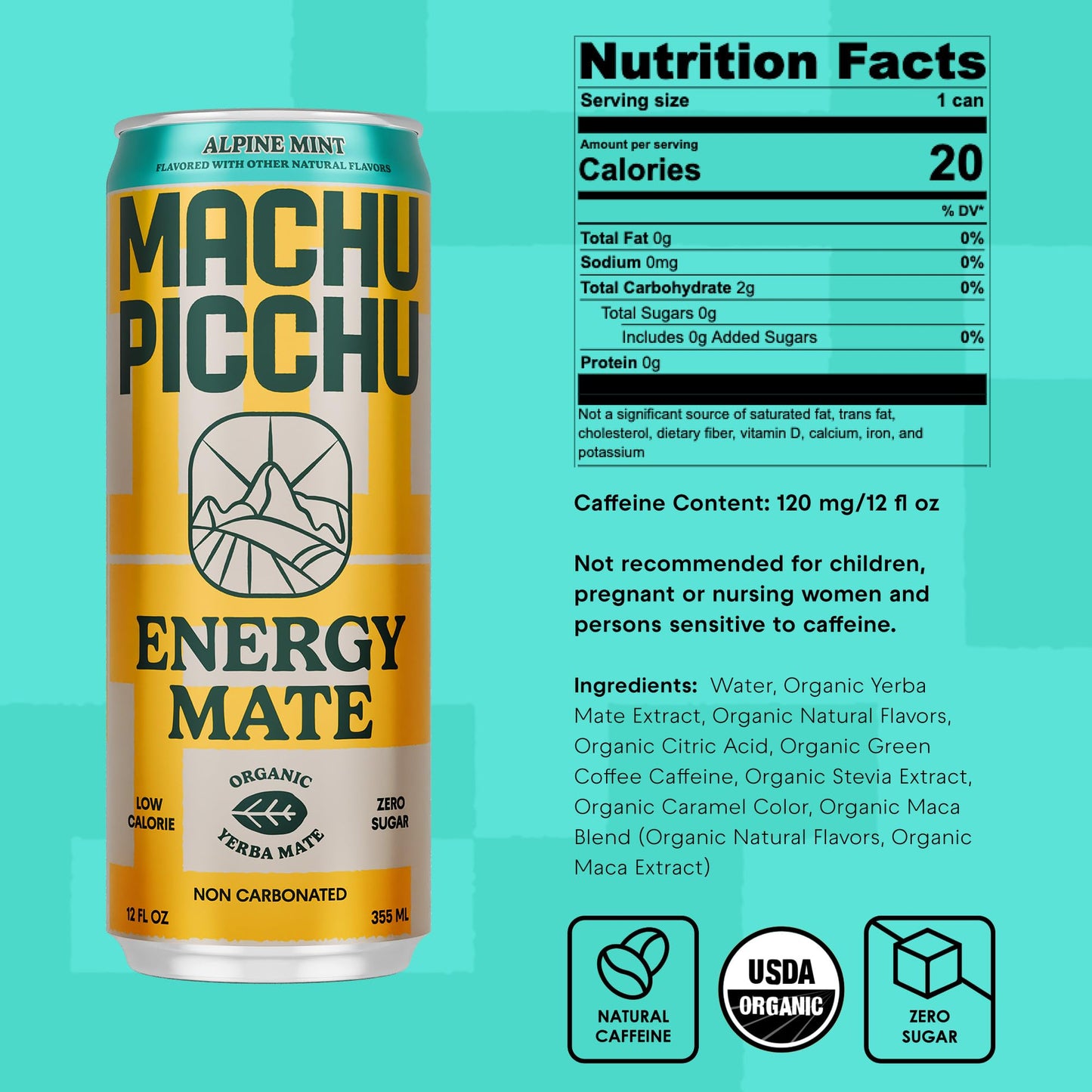 MACHU PICCHU 12-Pack-Alpine Mint Zero Sugar Energy Mate Drink - Non-Carbonated Yerba Mate, 120mg Organic Caffeine, Smooth Focus Without Jitters or