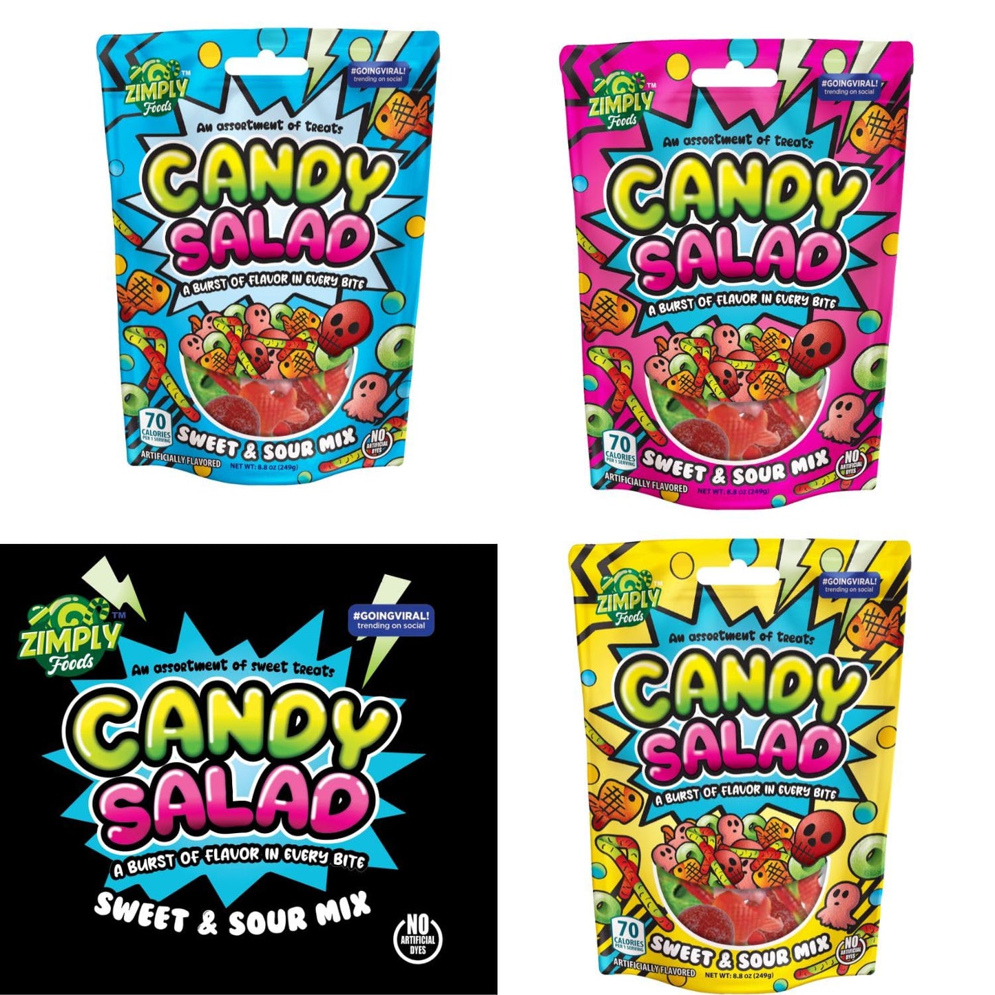 Zimply Foods Sweet and Sour Gummy Mix Candy Variety Pack, 3-Packs Each 8.8 Oz Salad Candy. Tiktok Candy Addictive Irresistible Mixed Ready to Eat