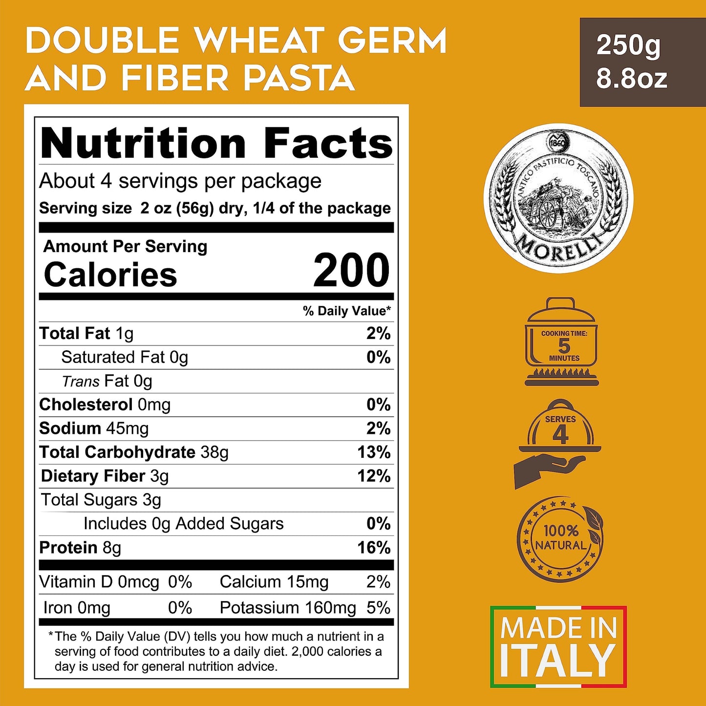 Morelli Mafalda Pasta, High Fiber Mafaldine Pasta, Imported from Italy (Ricciolina, Reginette with Bran and Double Wheat Germ) - 8.8 oz / 250 g