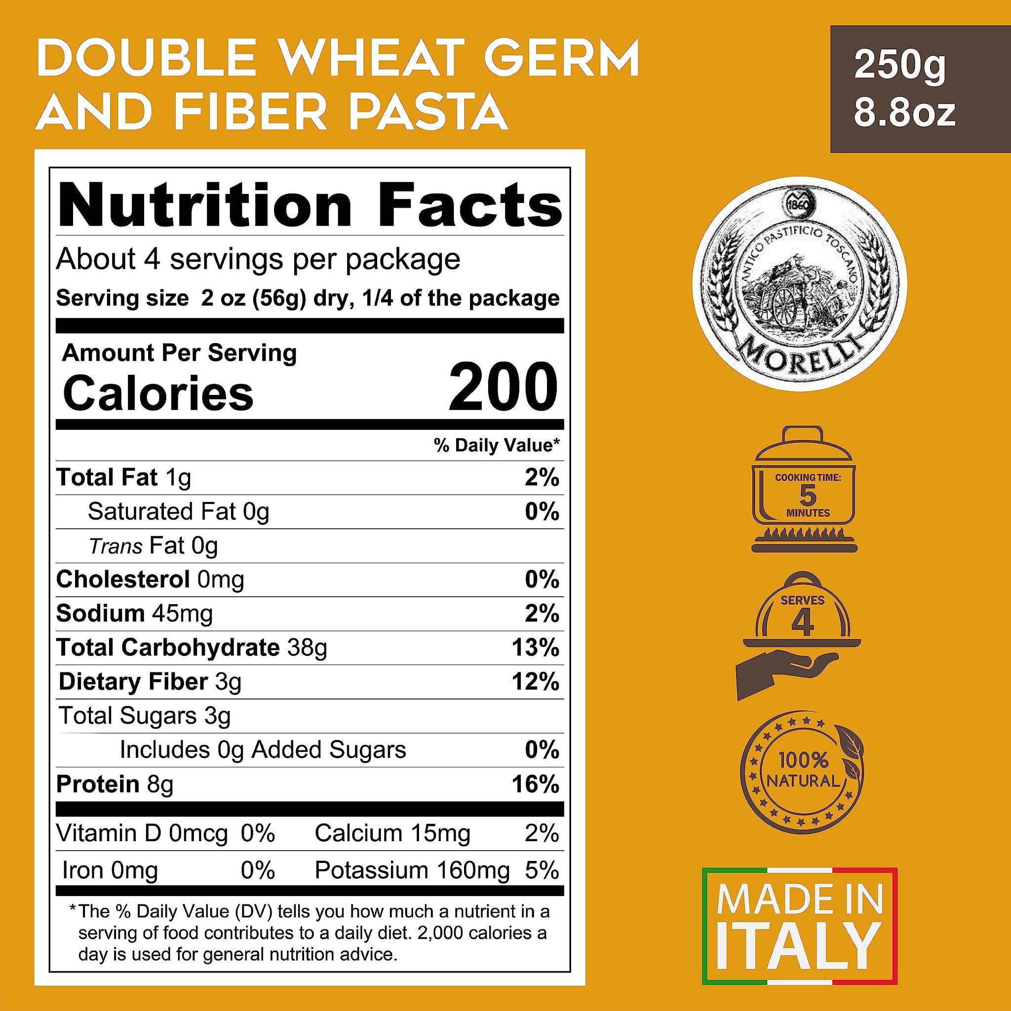 Morelli Mafalda Pasta, High Fiber Mafaldine Pasta, Imported from Italy (Ricciolina, Reginette with Bran and Double Wheat Germ) - 8.8 oz / 250 g