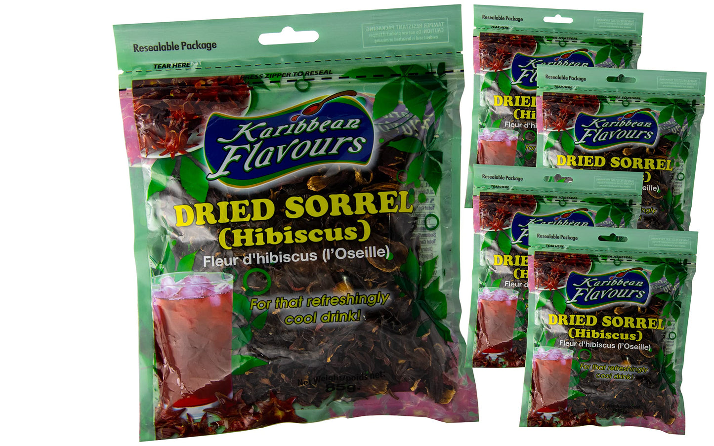 Premium Sorrel (5 pack) Hibiscus Flower Whole Petal 3 Oz (pack of 5) - Flor de Jamaica, Zobo Flower perfect for Tea and Mexican Agua Fresca - Makes