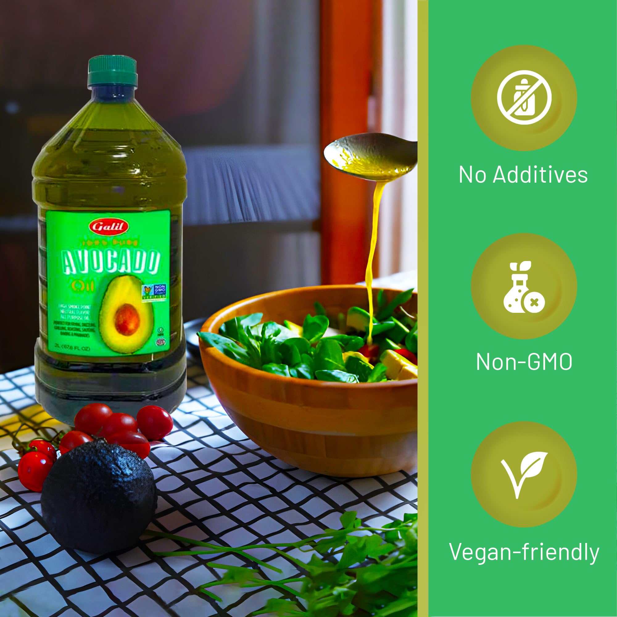 Galil 100% Pure Avocado Oil - High Smoke Point 500°F Non-GMO, Vegan, Halal Certified - Perfect for Cooking, Baking, Sautéing, Dressings & Marinades, Rich in Healthy Fats - 2 Liter Bottle