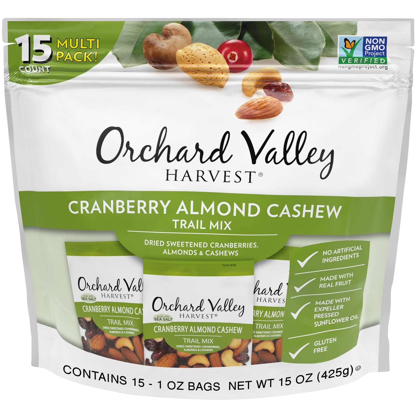 Orchard Valley Harvest Cranberry Almond Cashew Trail Mix, 1 Ounce (Pack of 15), Cranberries, Almonds, Cashews, Trail Mix Individual Packs, Snacks