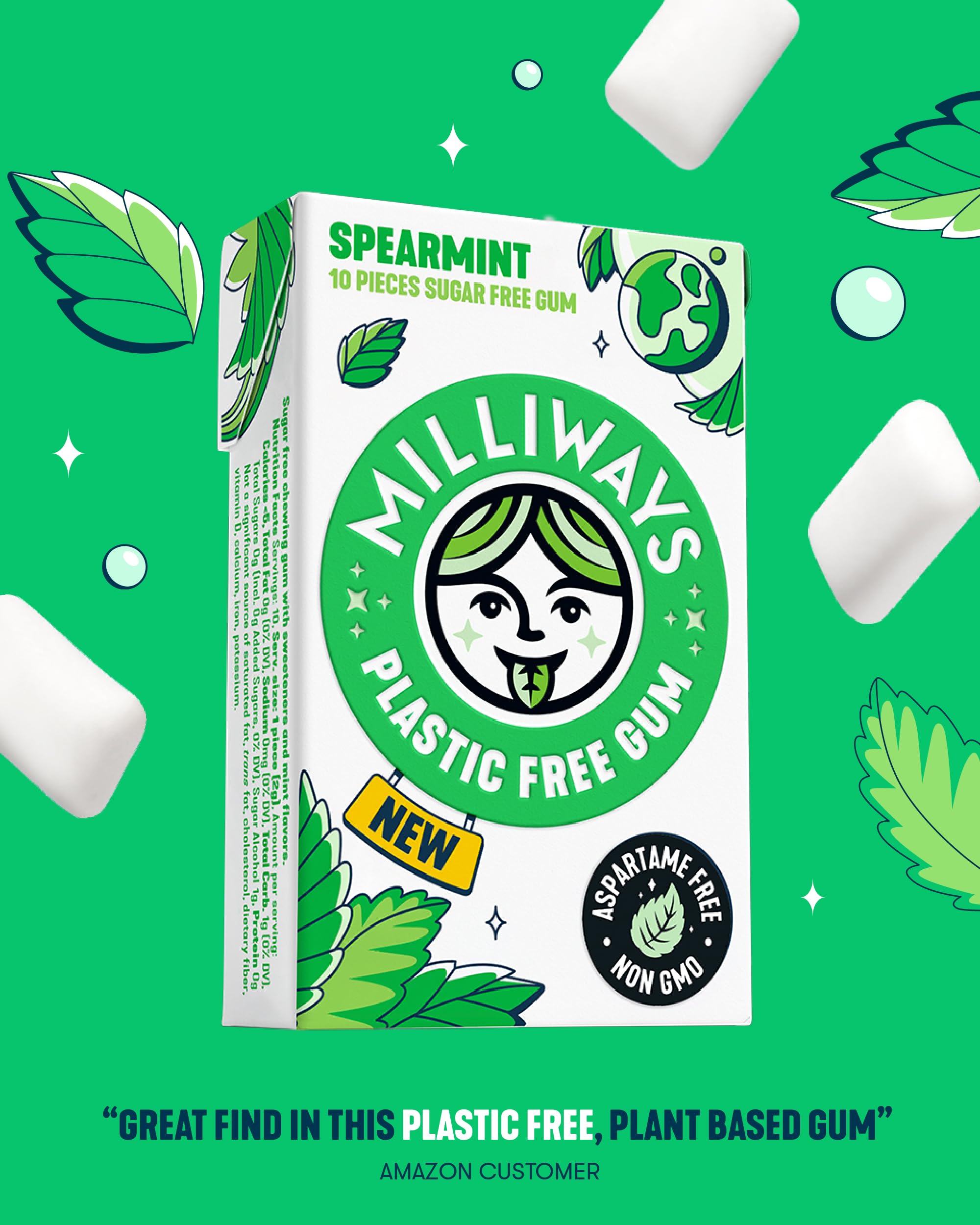 Milliways Spearmint | Plastic Free Gum | Xylitol, Aspartame-Free, Sugar-Free, Plant-Based, Natural Chewing Gum | 120 Pieces Total (12 Packs of 10
