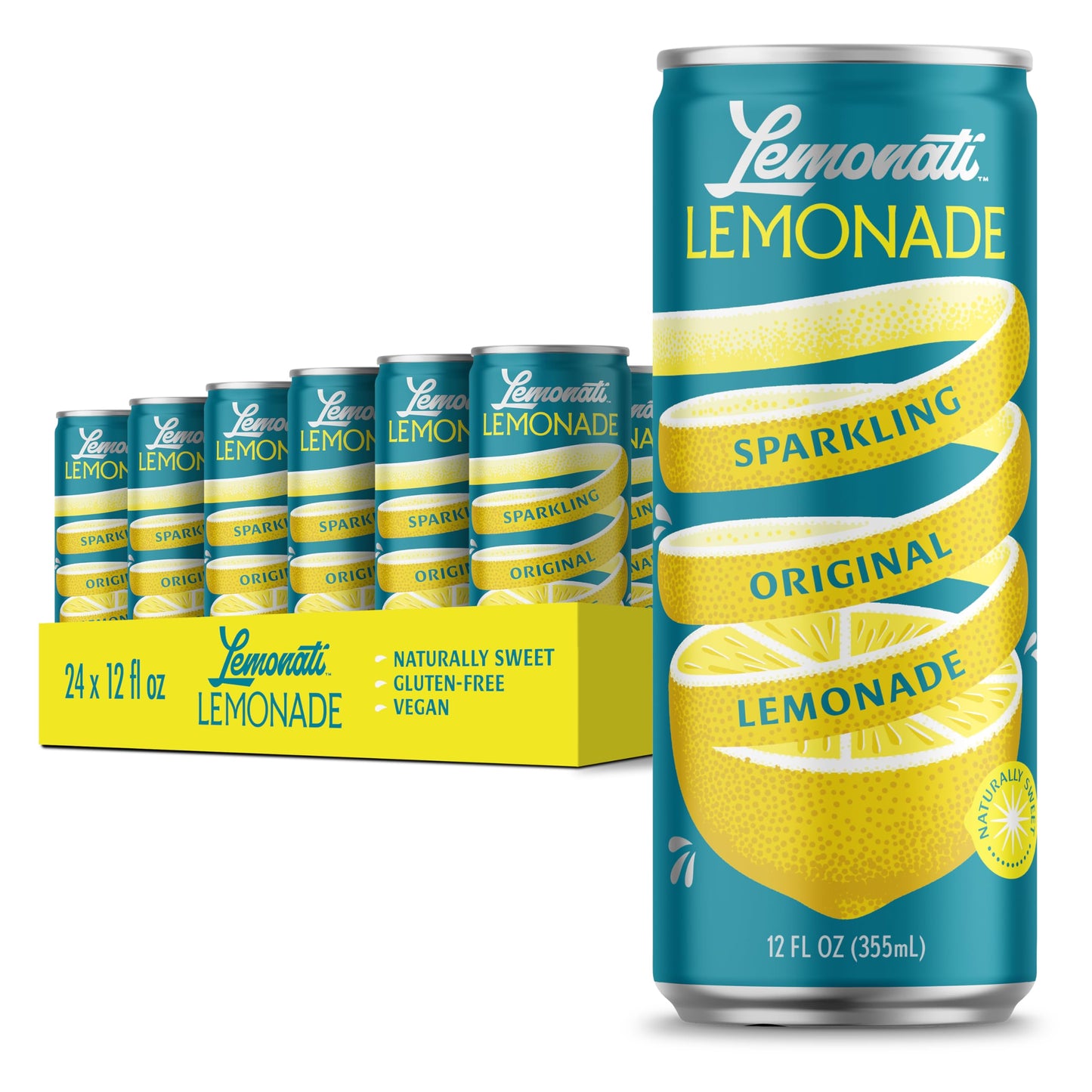 Lemonati Sparkling Lemonade, No Artificial Sweeteners or Flavoring, Gluten-Free, Kosher, Non-GMO, Vegan, 12 Fl Oz Slim Cans, Pack of 24, Lemonade