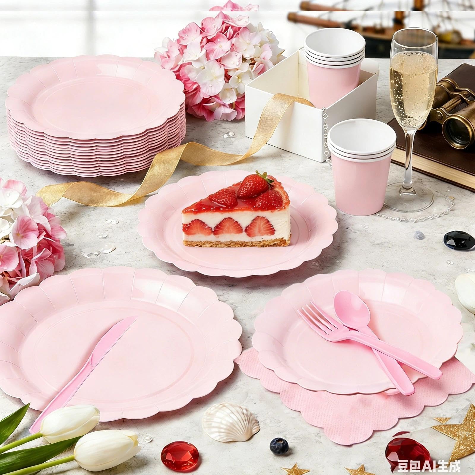 Zoonlinpp 112 PCS Pink Disposable Paper Plates Set Party Supplies Include 7'' Dessert and 9'' Dinner Plates, Napkins, Cups, Knives, Forks, Spoons