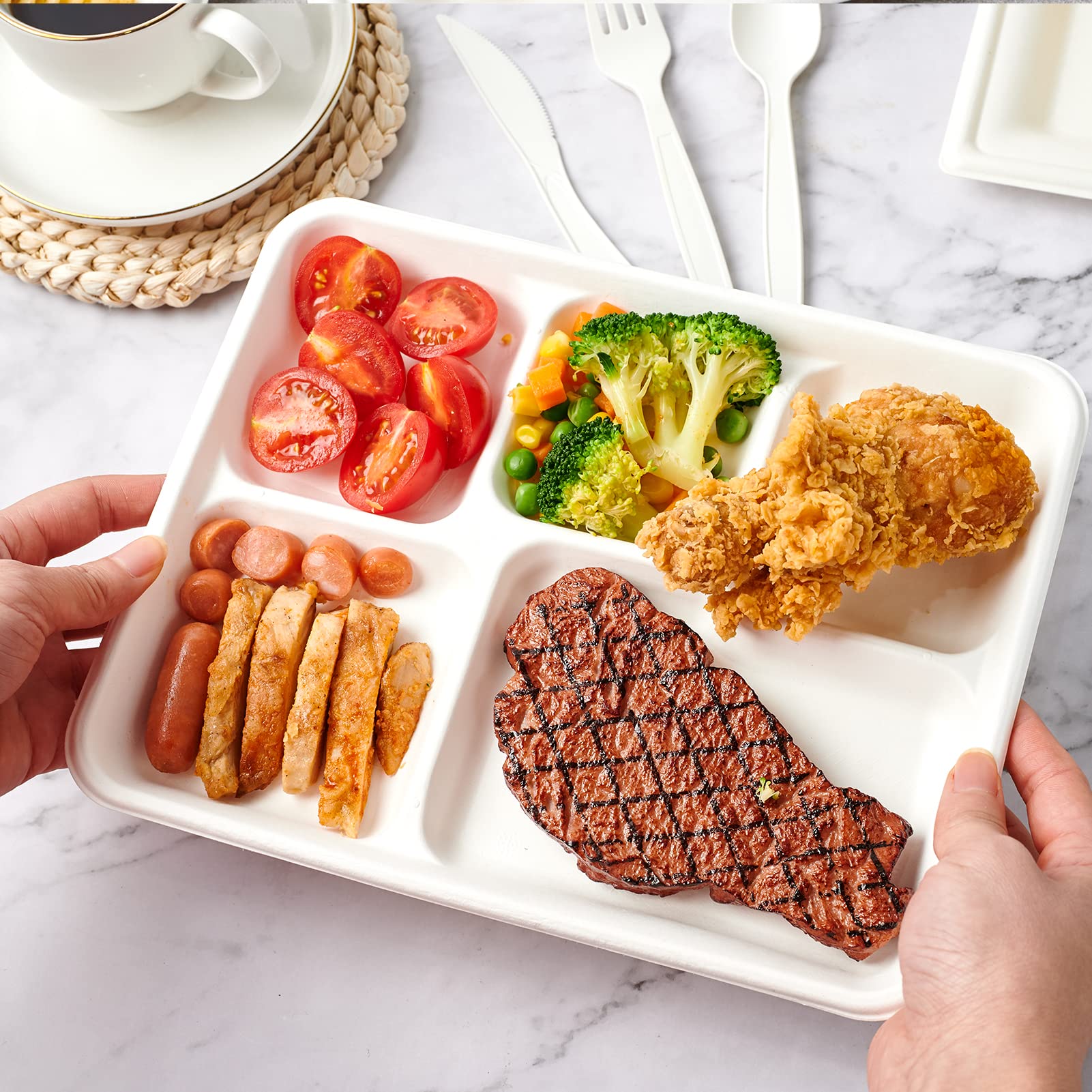 ECOLipak 100% Compostable 5 Compartment Plates, 125 Pack Disposable Paper Plates, Heavy-Duty Biodegradable Sugarcane Plates, Eco-Friendly School Lunch