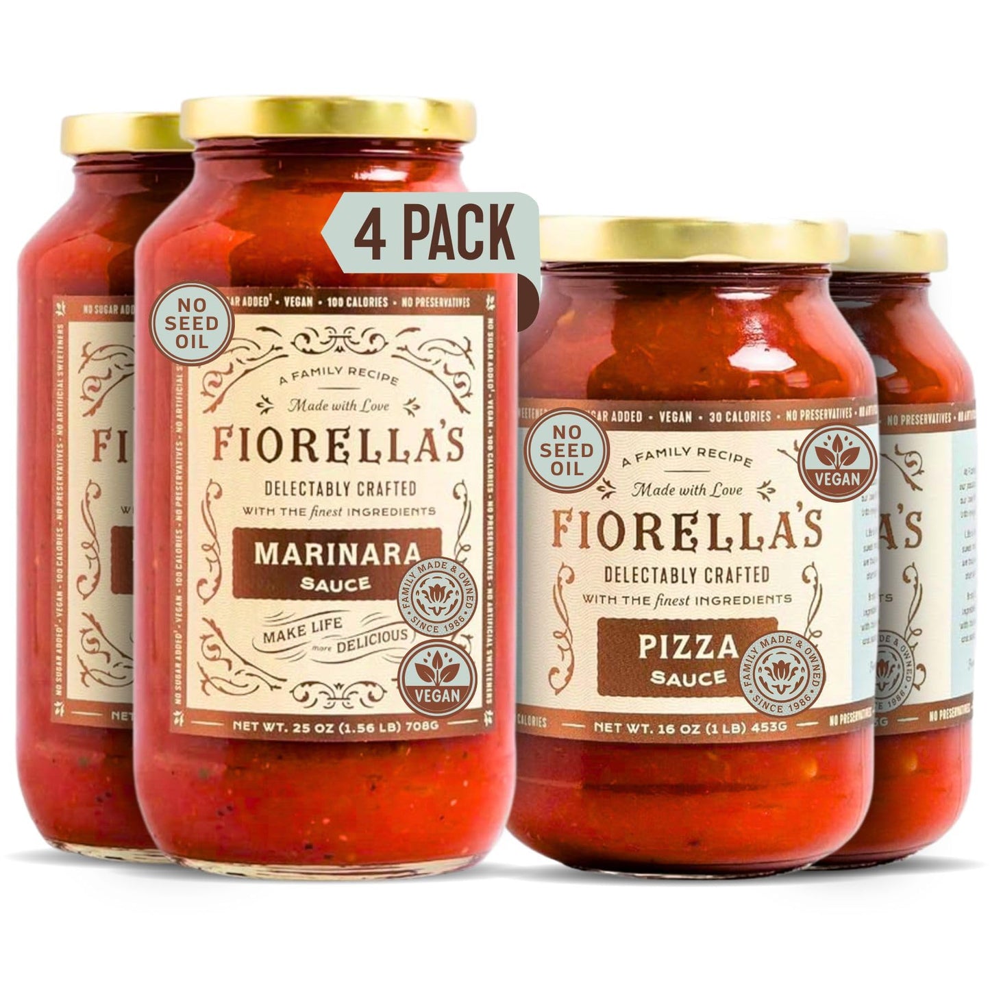 Fiorella's Marinara & Pizza Sauce - Variety Pack - Made with Fresh Ingredients - Seed Oil Free, No Sugar Added, Vegan, Gluten Free, No Preservatives