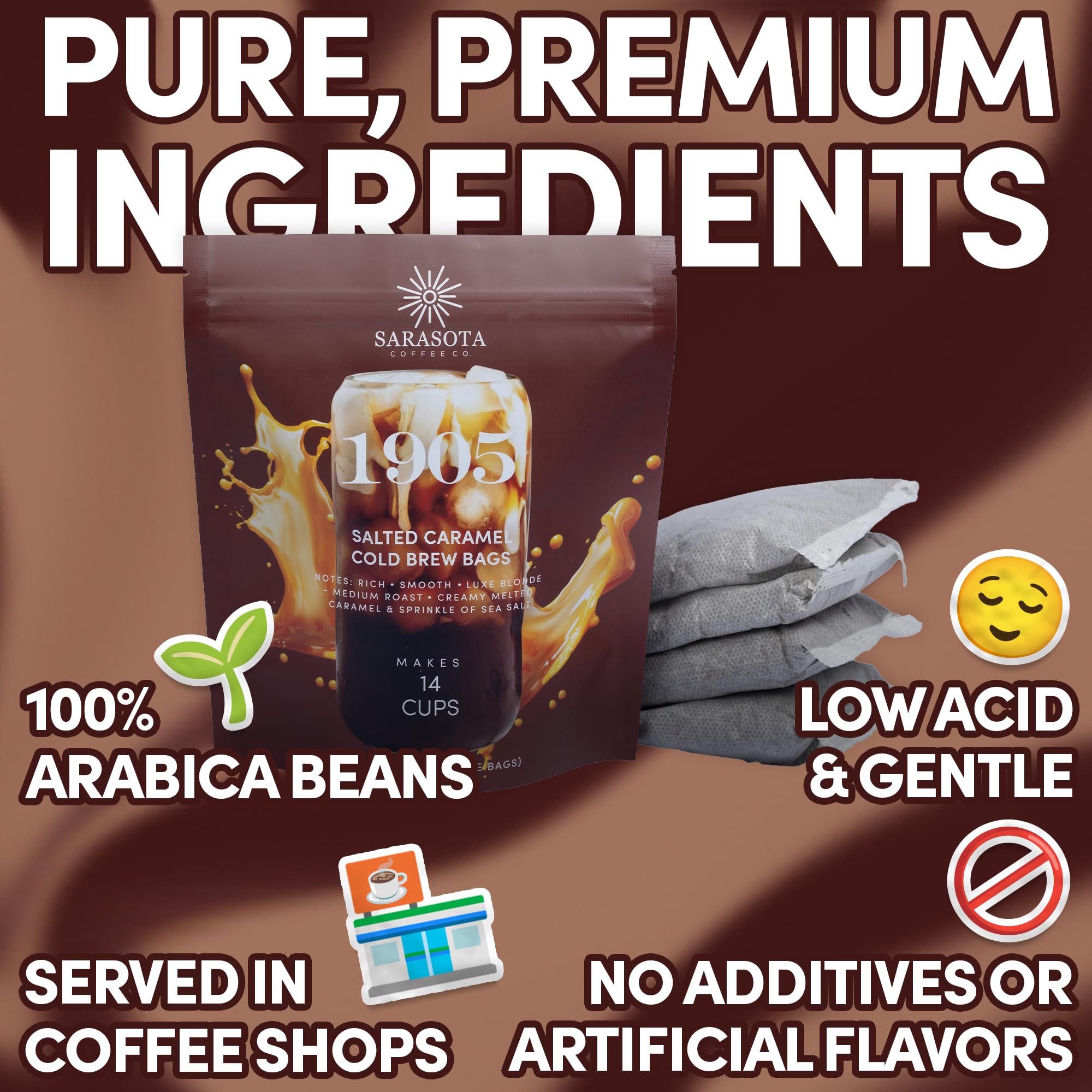 Sarasota Coffee 1905 Cold Brew Coffee Bags | Salted Caramel | Blonde-Medium Roast | Smooth & Low Acid | Ground Filter Packs | Cold Brew Kit Makes 14