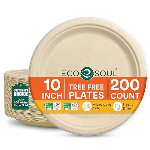 ECO SOUL Compostable Paper Plates 10 Inch, 200 Pack - Heavy Duty Disposable Paper Plates, Biodegradable Sugarcane Bagasse, Durable & Microwave Safe
