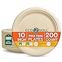 ECO SOUL Compostable Paper Plates 10 Inch, 200 Pack - Heavy Duty Disposable Paper Plates, Biodegradable Sugarcane Bagasse, Durable & Microwave Safe