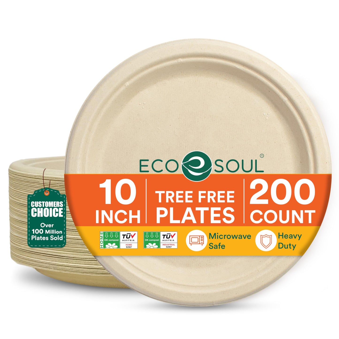 ECO SOUL Compostable Paper Plates 10 Inch, 200 Pack - Heavy Duty Disposable Paper Plates, Biodegradable Sugarcane Bagasse, Durable & Microwave Safe