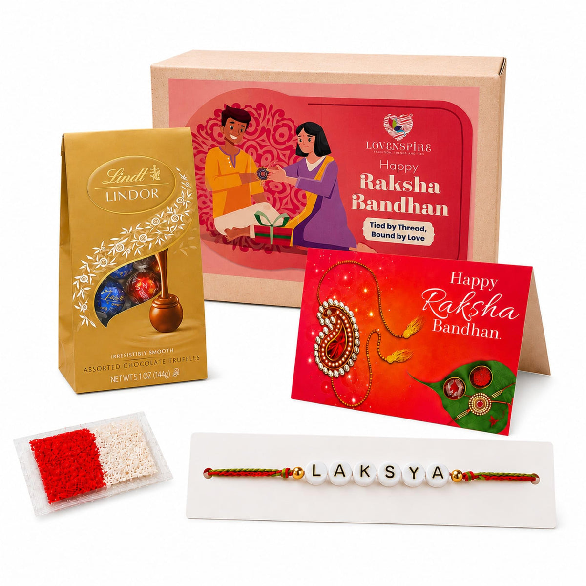 LoveNspire Personalized Name Bead Rakhi for Brother - Custom Bracelet Jewelry Gift with Greeting Card, Roli Chawal & Chocolates, Raksha Bandhan Gift