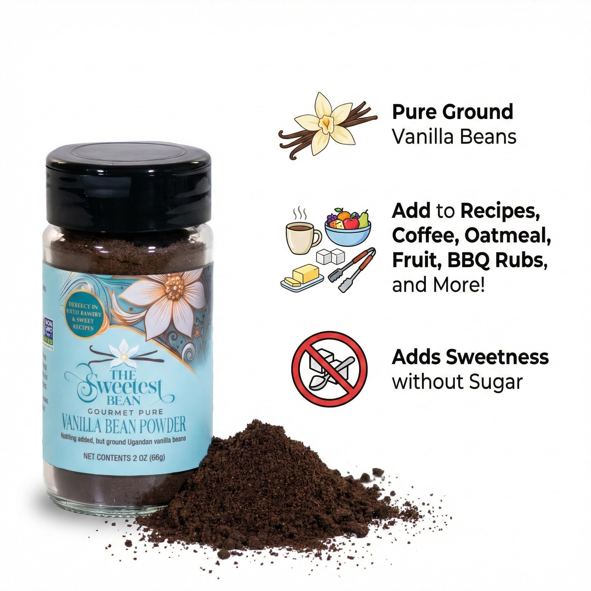 Vanilla Bean Powder, 2 oz. - 100% Ground Ugandan Bourbon Beans - Pure, Non-GMO, Rich & Aromatic for Baking, Coffee, Desserts