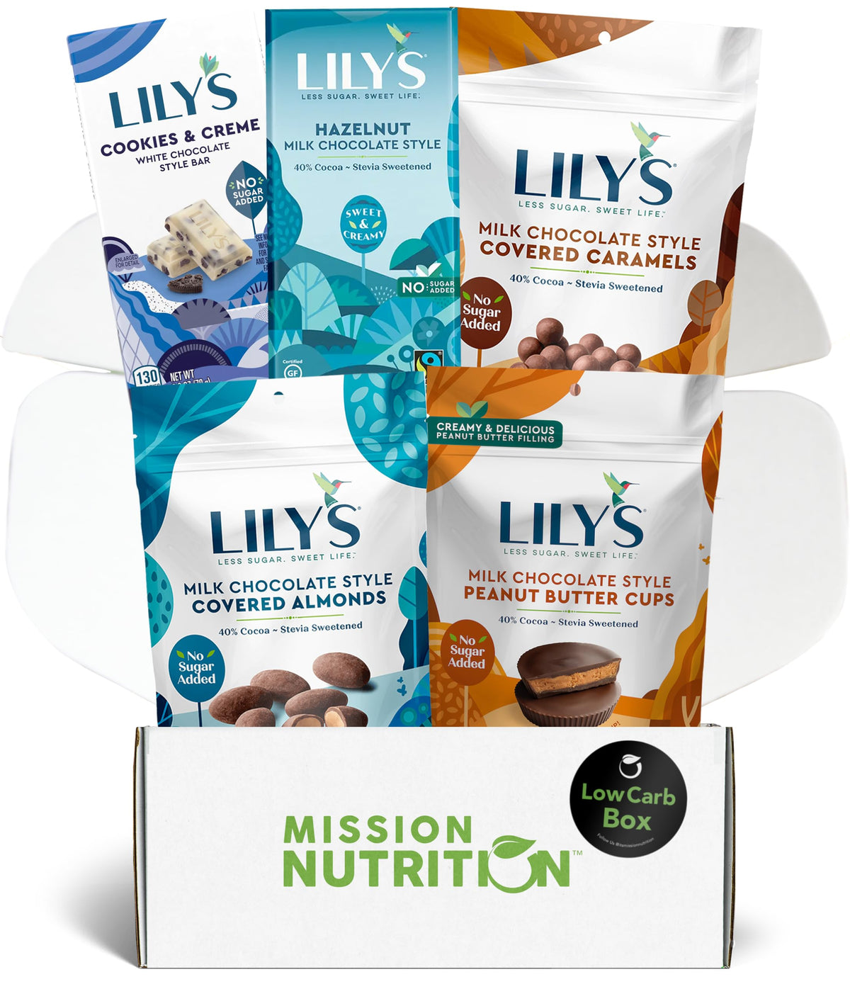 Low Carb Box featuring Lily's Sweets Chocolate Peanut Butter Cups, Almonds, Caramels and Bars - Stevia Sweetened, Low-Carb, Keto-Friendly, Gluten-Free