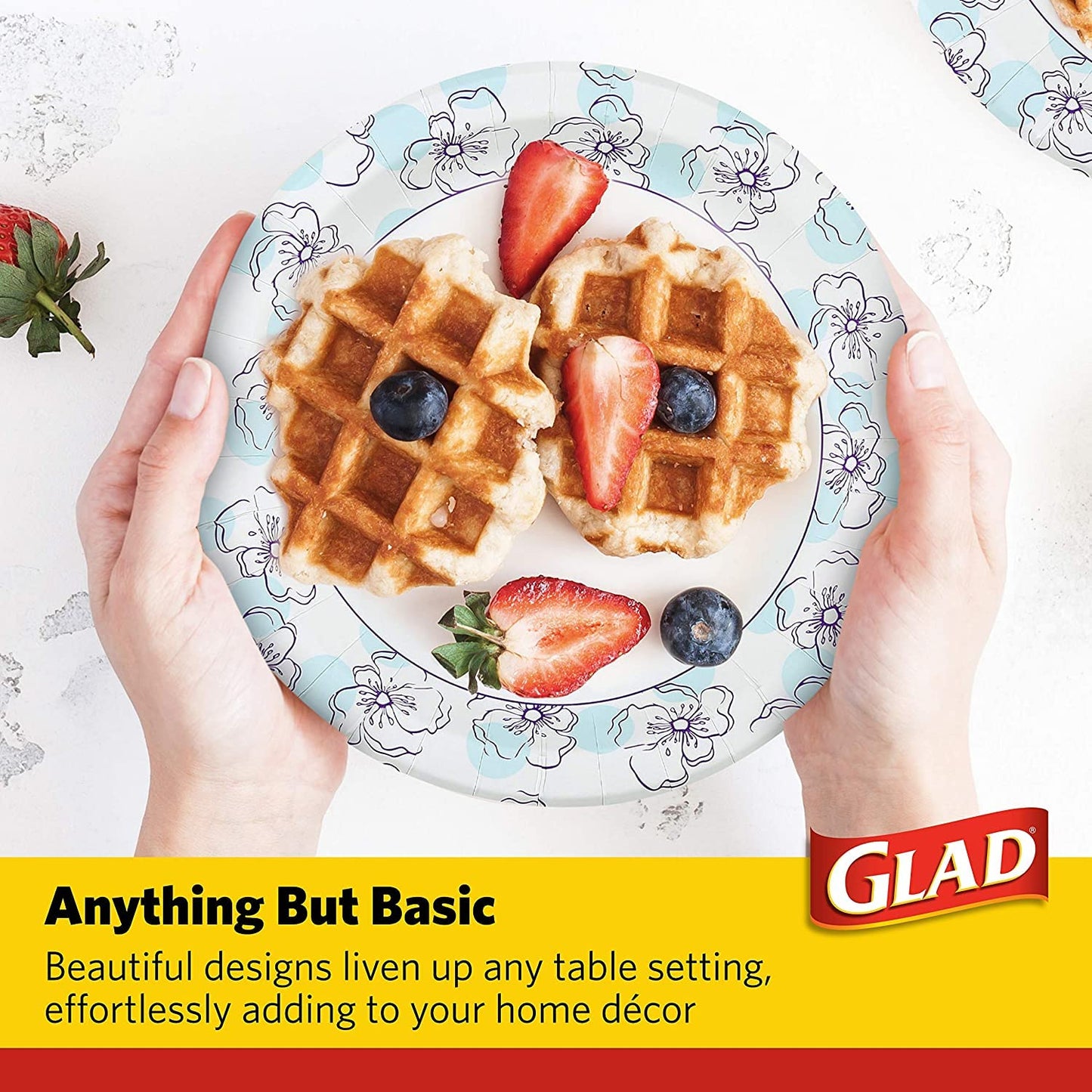 Glad 600-Count Round Paper Plates, 10 Inch Blue Flower Design, 50 Ct x 12 Pack of Heavy Duty Soak Proof Cut Resistant Microwave Safe Plates for Meals
